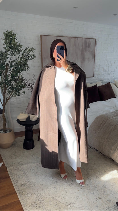 [GAMME PREMIUM] Manteau long en laine véritable fait main à ceinture avec rayures | Marron