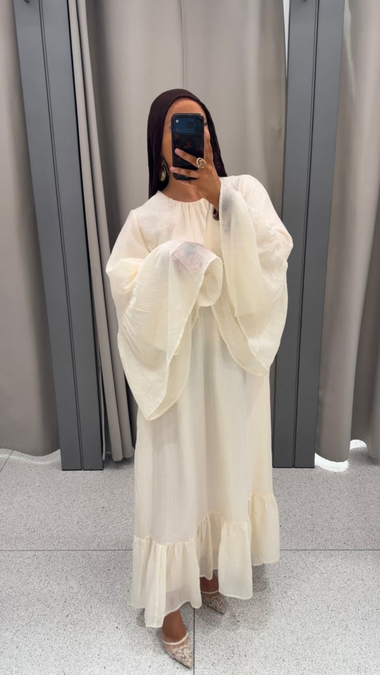 Robe ultra longue doublée à manches évasées et ceinture | Crème