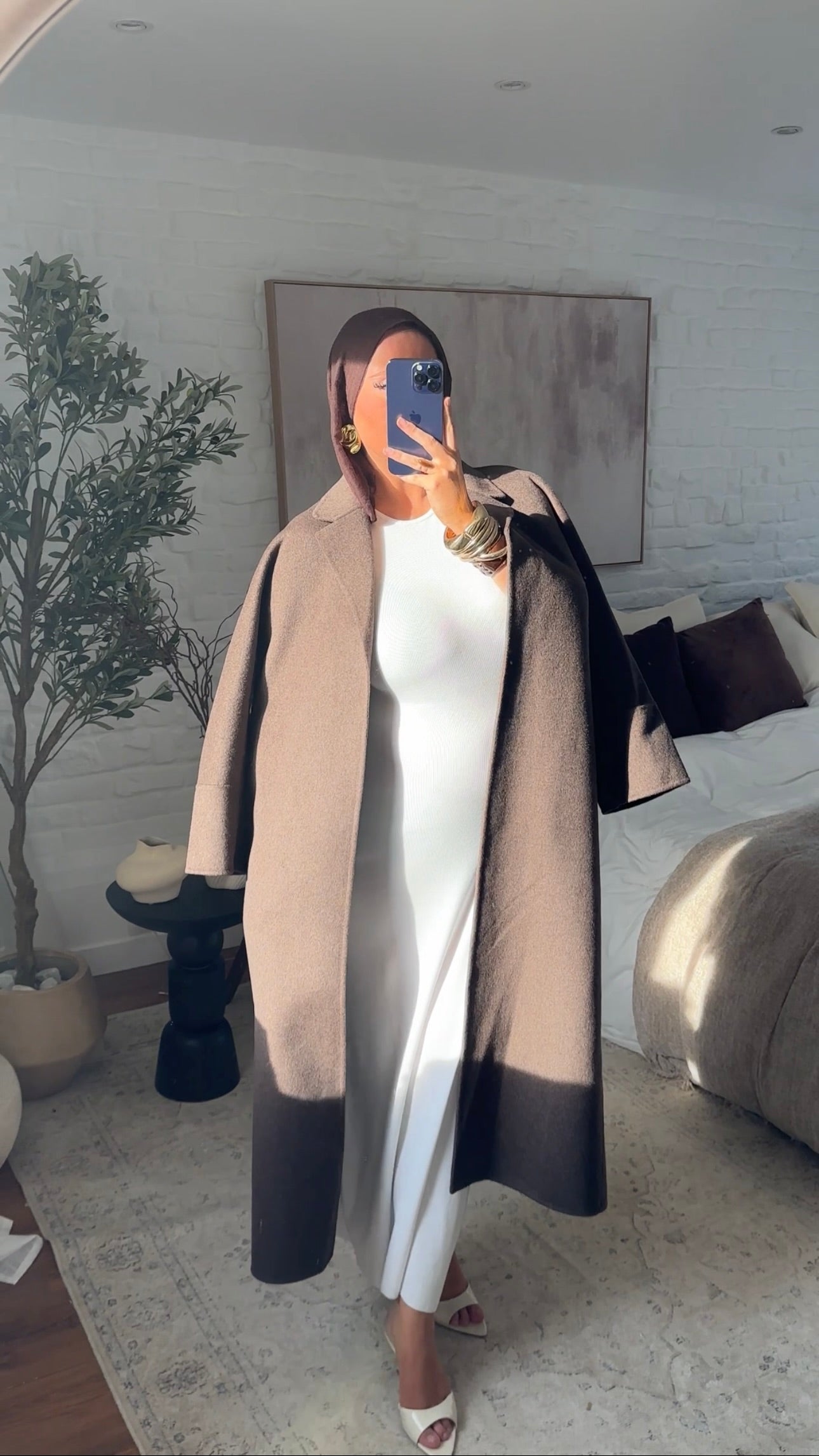 [GAMME LUXE] Manteau long en laine véritable fait main à ceinture | Marron