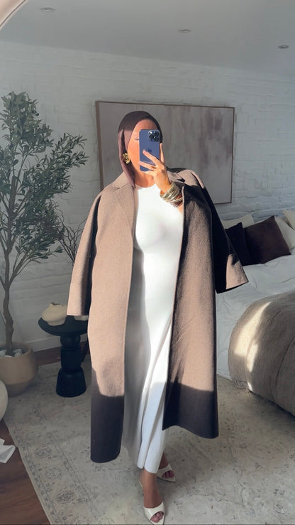 [GAMME LUXE] Manteau long en laine véritable fait main à ceinture | Marron