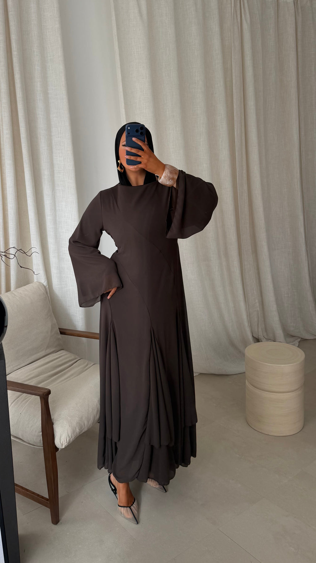 Robe longue à volants | Marron | Pré-commande