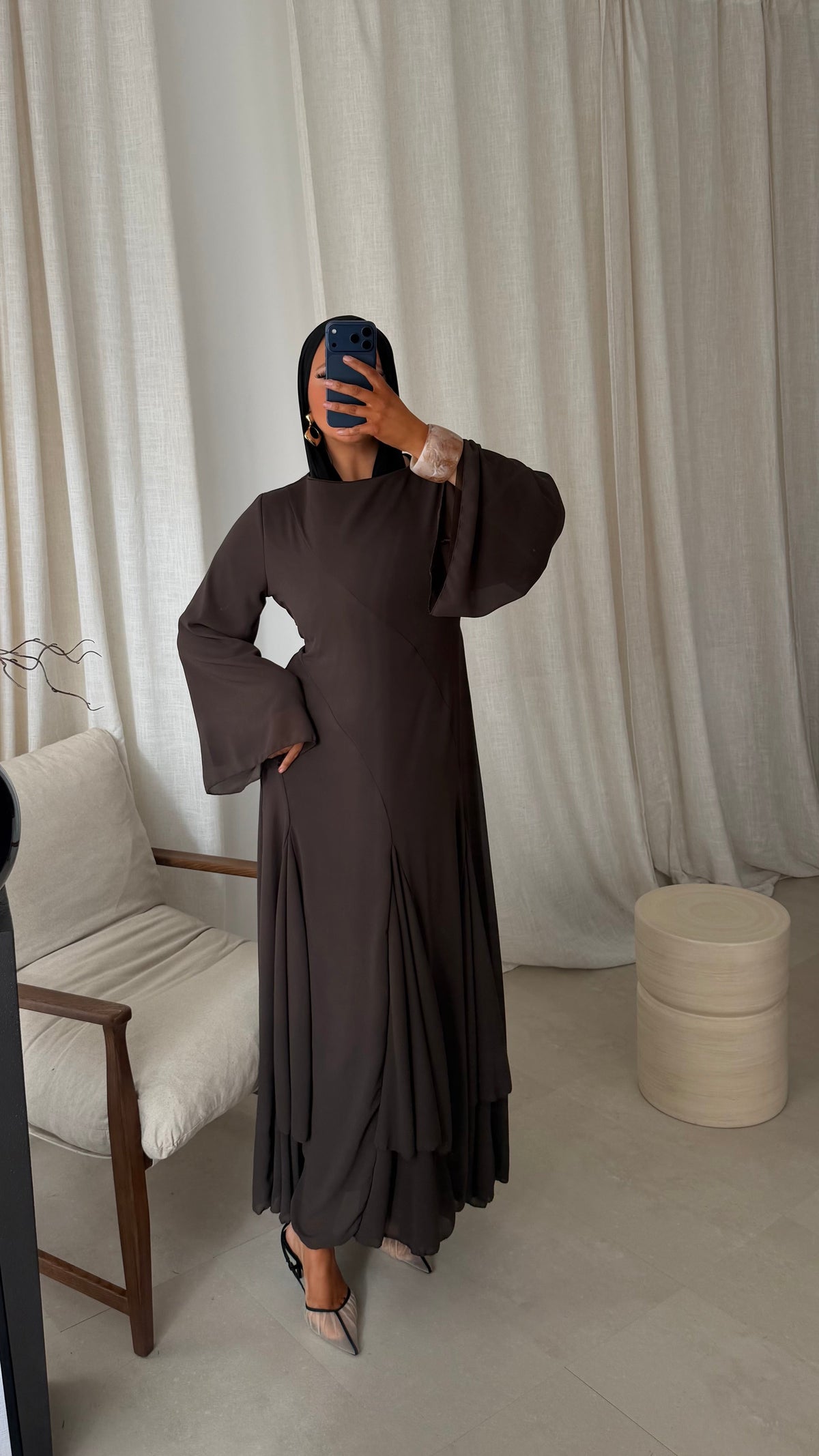Robe longue à volants | Marron | Pré-commande