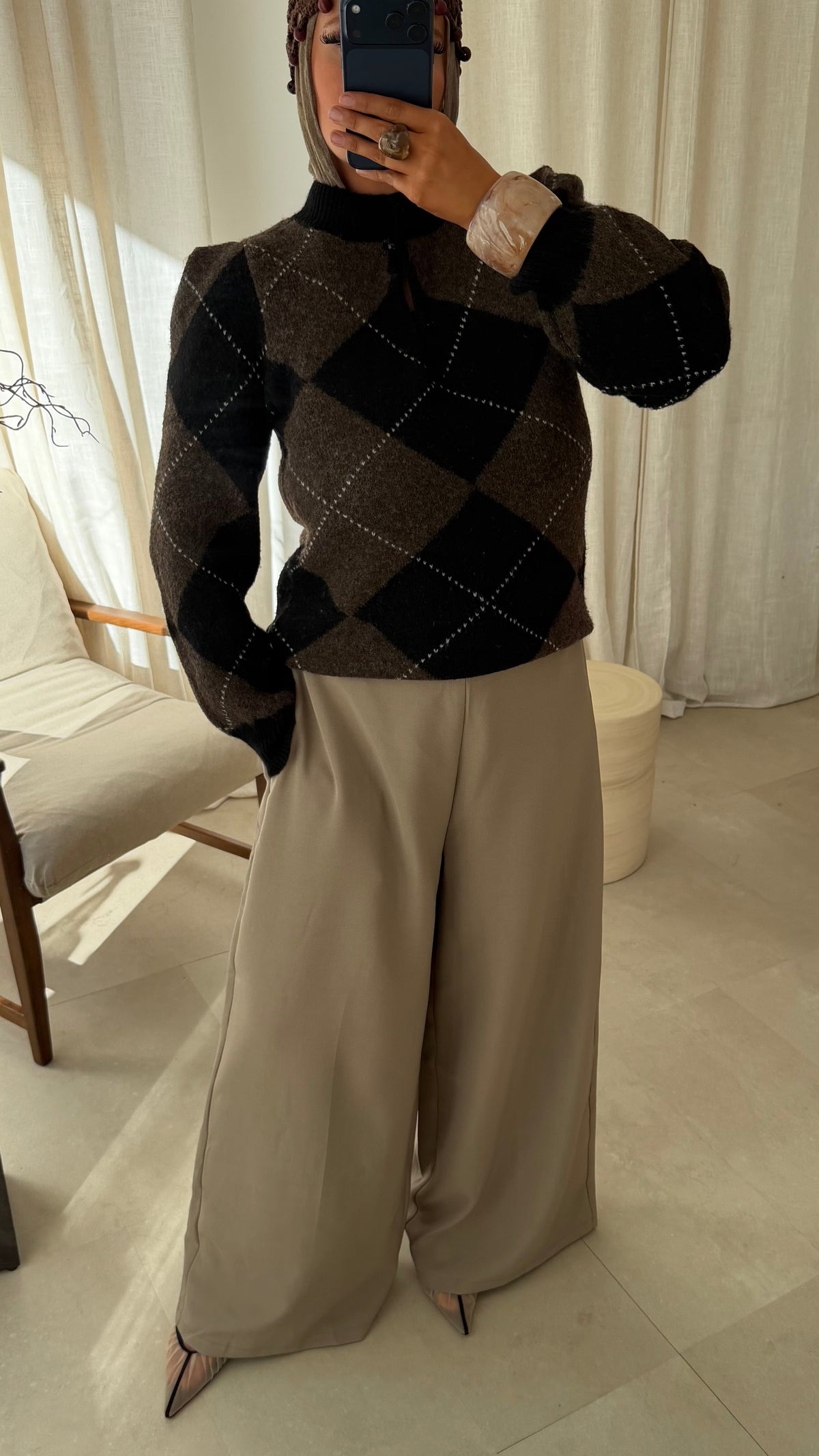 [GAMME PREMIUM] Pull ultra doux à carreaux ALYMPE | Marron et noir