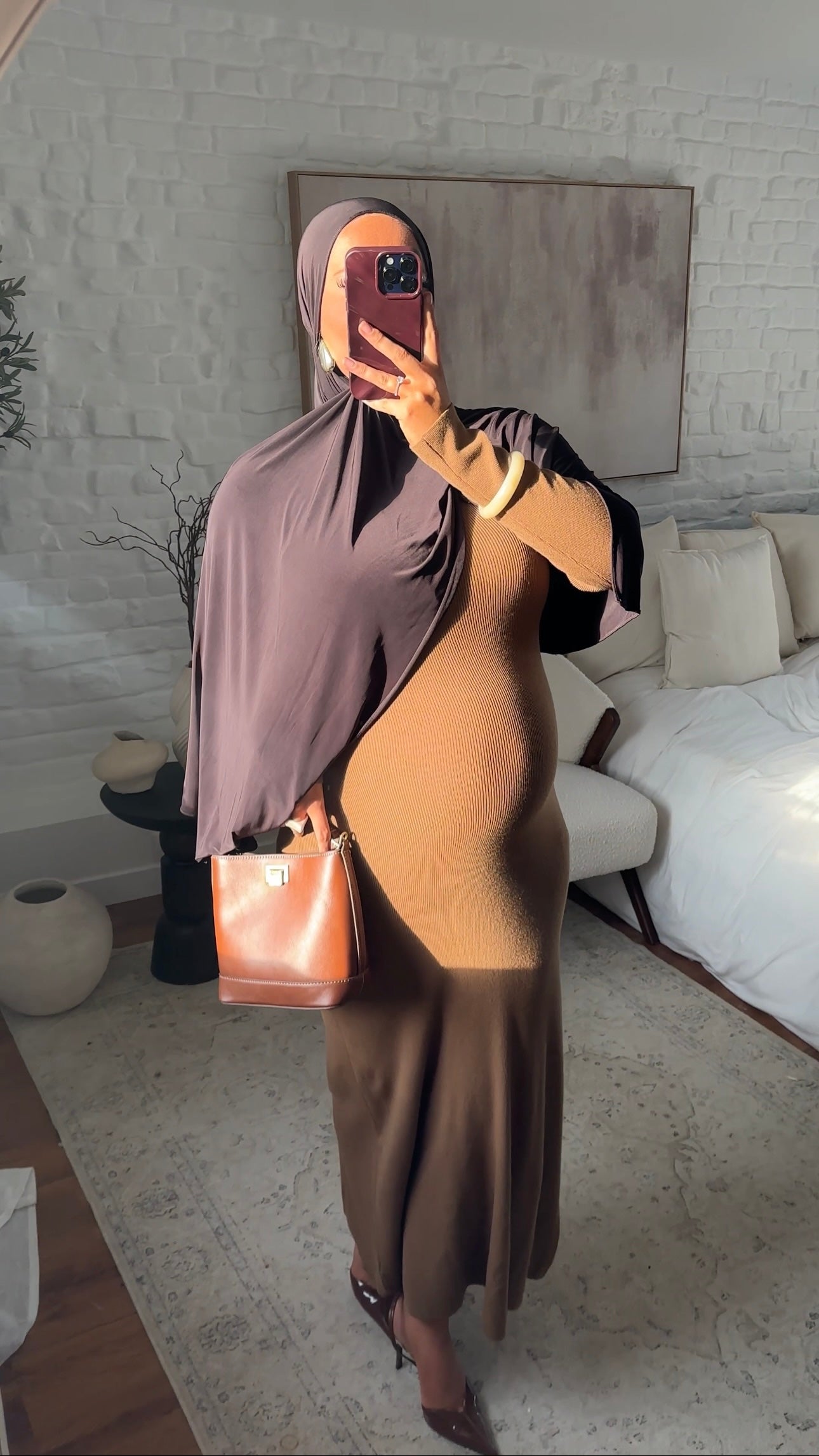 Robe pull ultra longue côtelée en maille épaisse | Camel