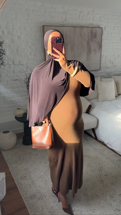 Robe pull ultra longue côtelée en maille épaisse | Camel