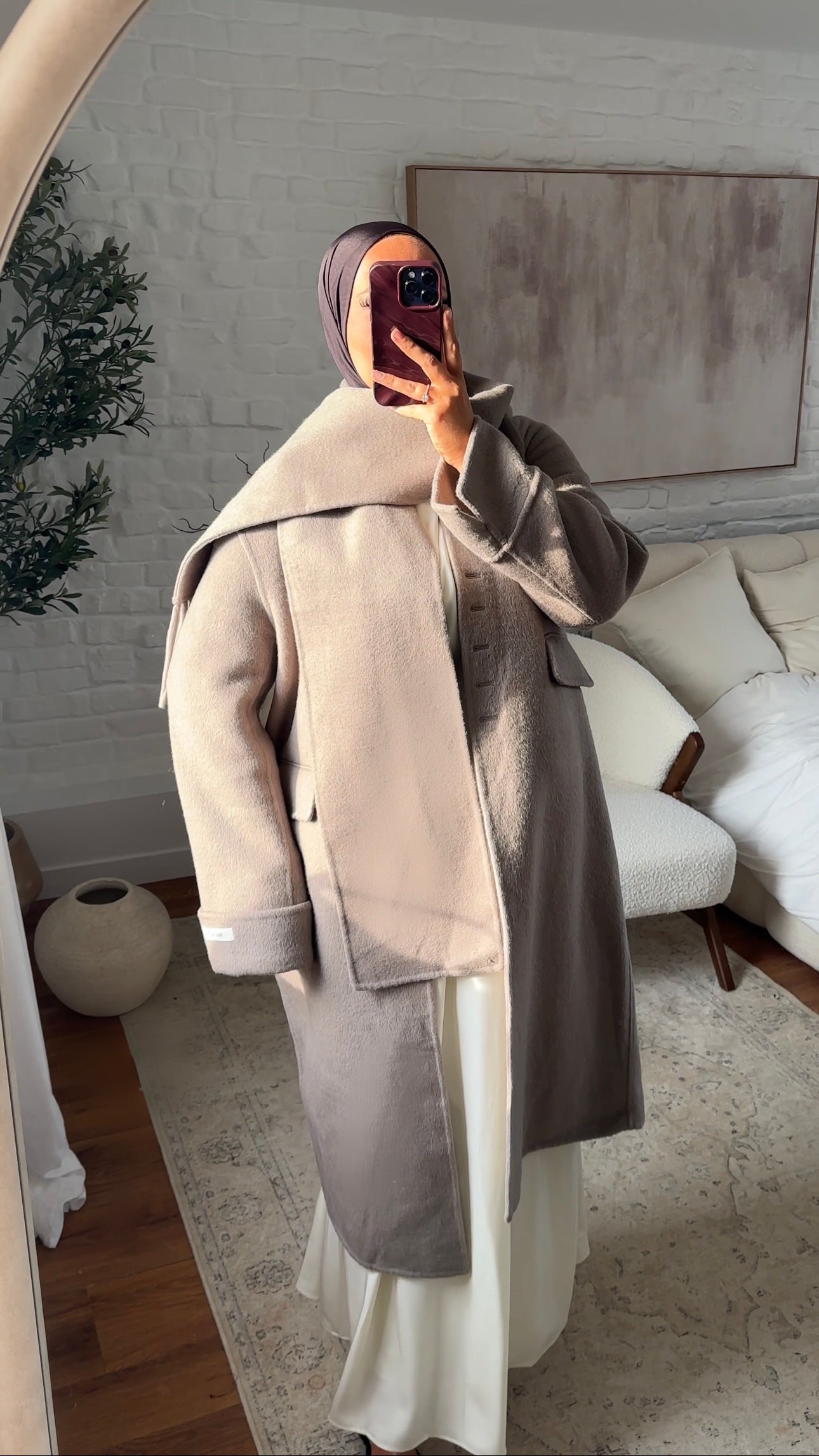 [GAMME LUXE] Manteau long ultra doux en laine véritable ultra chaud à écharpe | Beige