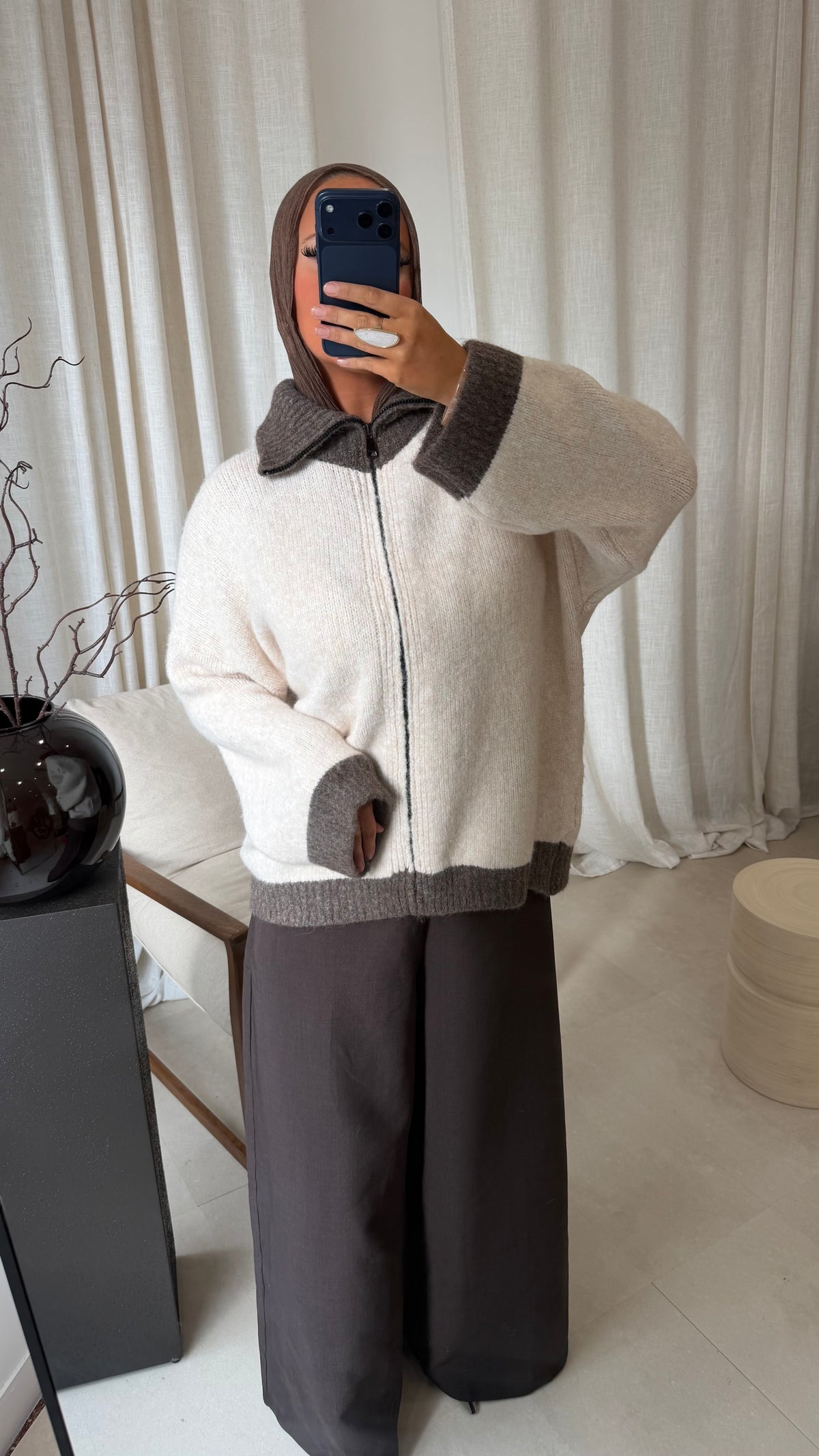 Pull ultra doux à zip bicolore MATHILDE | Marron et crème