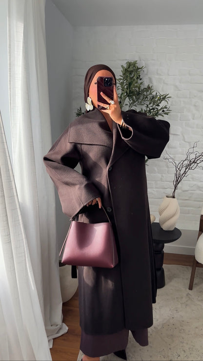 [CRÉATION] Manteau en laine véritable et col montant | Dark chocolat