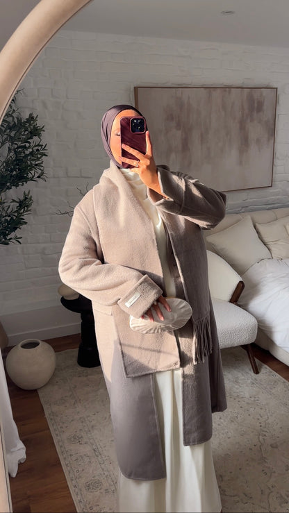 [GAMME LUXE] Manteau long ultra doux en laine véritable ultra chaud à écharpe | Beige