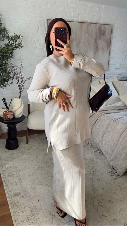 Ensemble comfy en maille à jupe longue | Beige