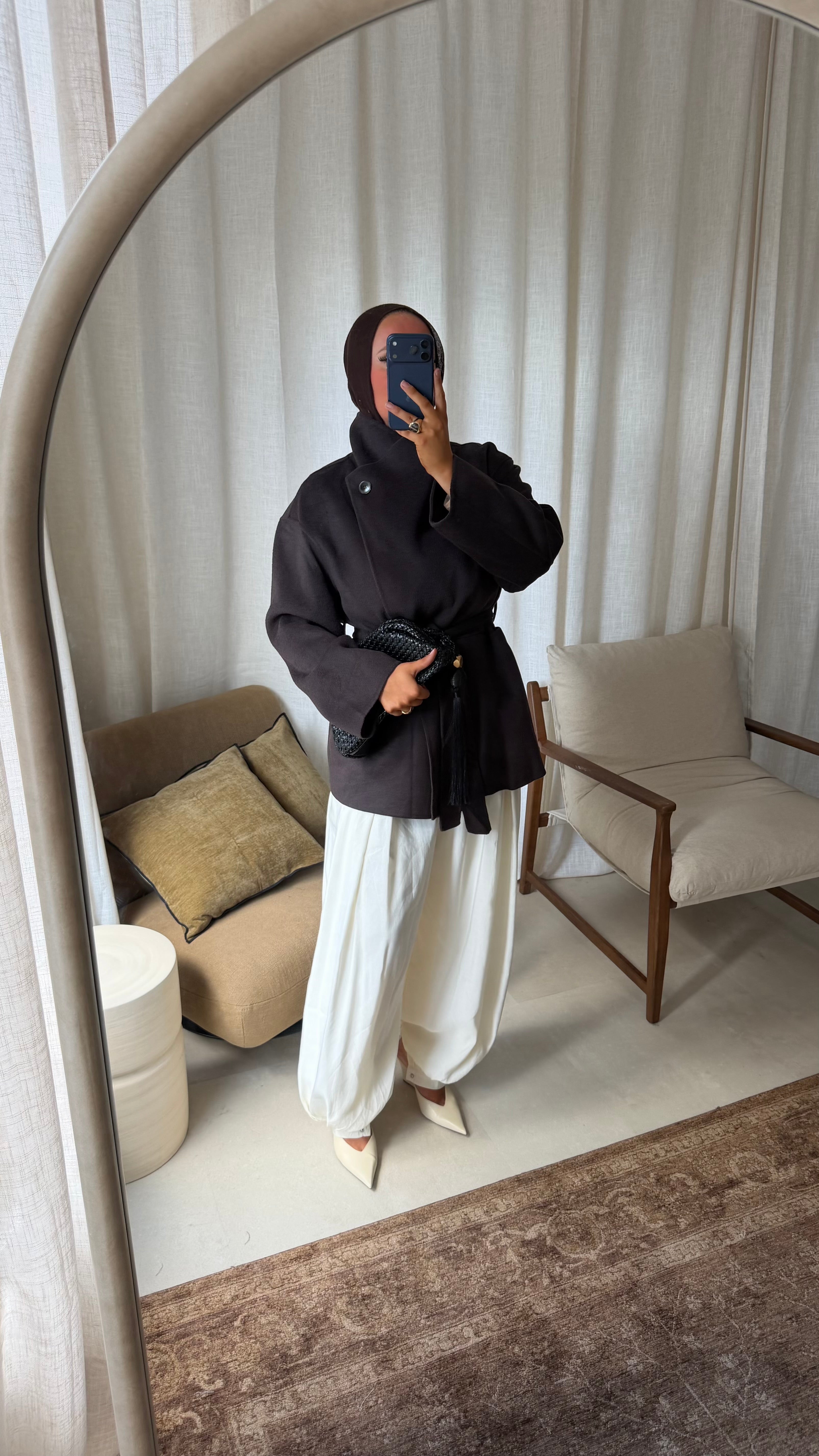 [GAMME LUXE] Manteau mi long en laine véritable à ceinture fait main | Marron