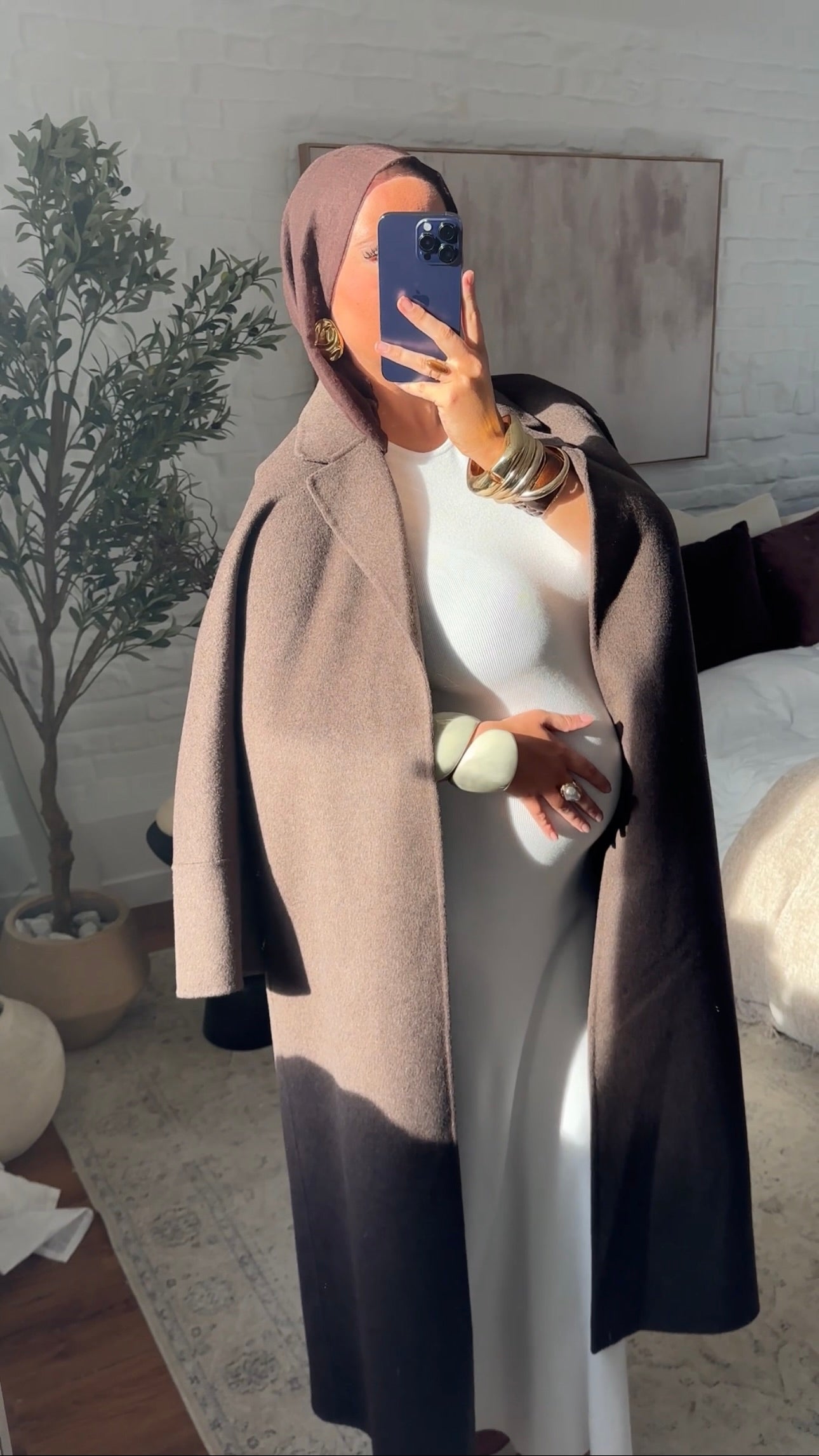 [GAMME LUXE] Manteau long en laine véritable fait main à ceinture | Marron