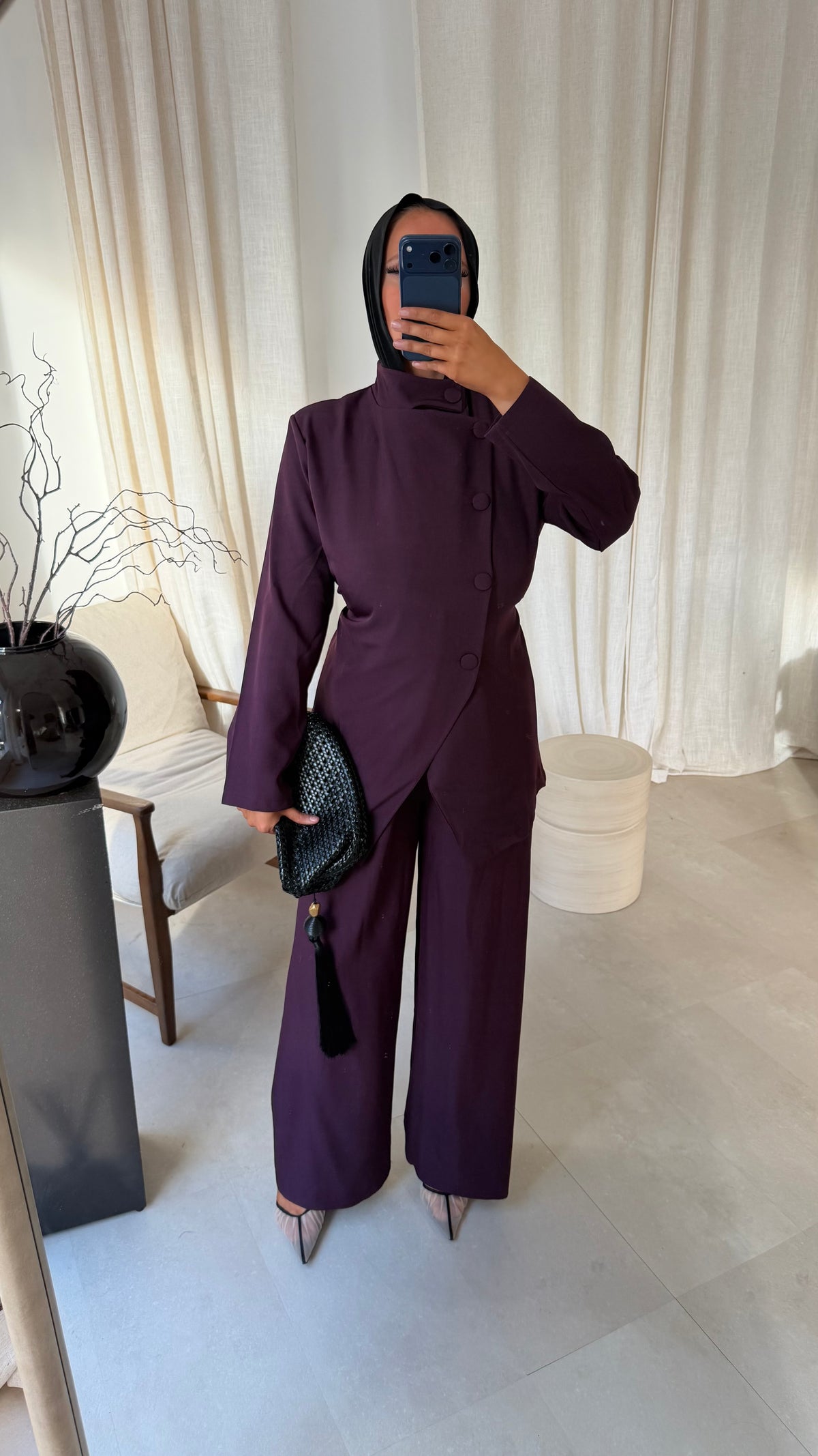 Ensemble avec haut à boutons et pantalon ultra long GABRIELA | Prune