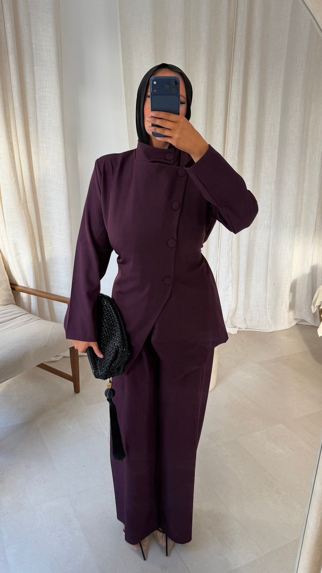 Ensemble avec haut à boutons et pantalon ultra long GABRIELA | Prune
