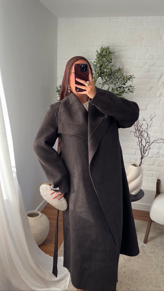 [GAMME PREMIUM] Manteau long en laine véritable fait main à ceinture | Marron