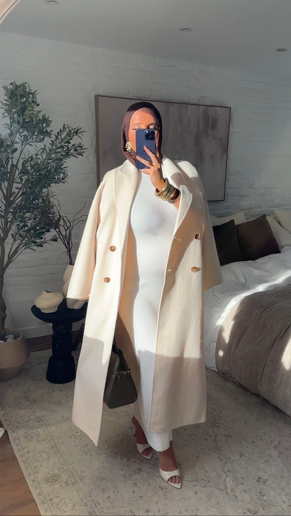 [GAMME PREMIUM] Manteau ultra long fait main en laine véritable Écru | Pré-commande