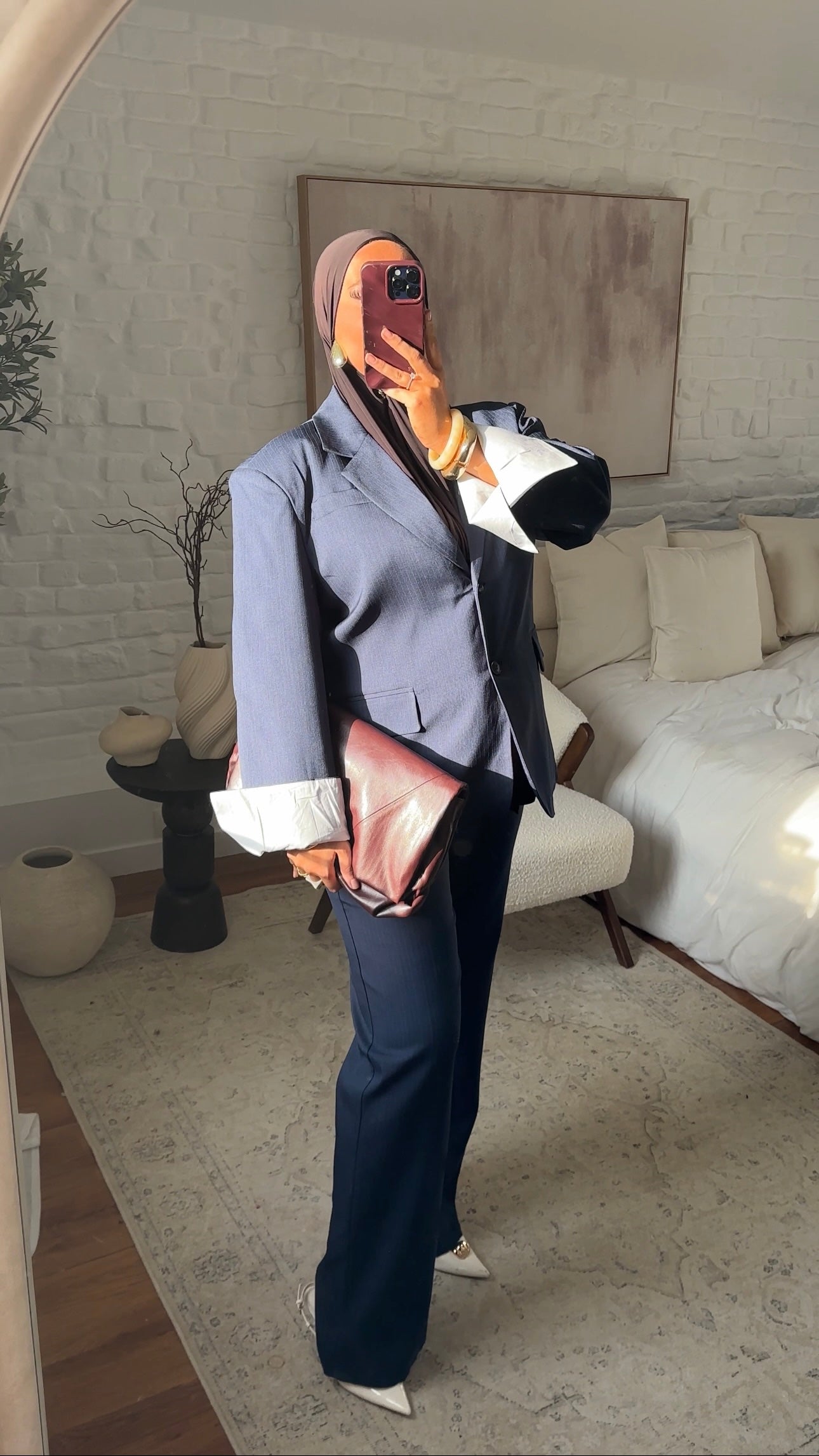 Set blazer oversize rayé et pantalon ultra long rayé oversize droit | Bleu marine