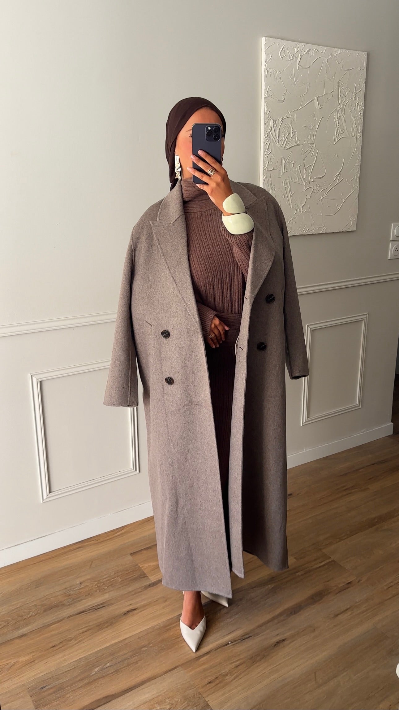 [GAMME PREMIUM] Manteau ultra long en laine véritable fait main | Taupe