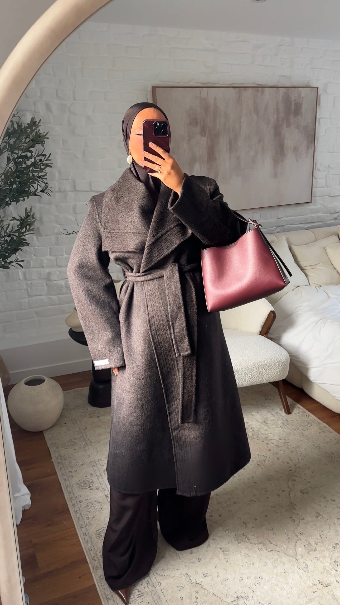 [GAMME PREMIUM] Manteau long en laine véritable fait main à ceinture | Marron
