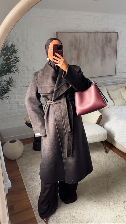 [GAMME PREMIUM] Manteau long en laine véritable fait main à ceinture | Marron