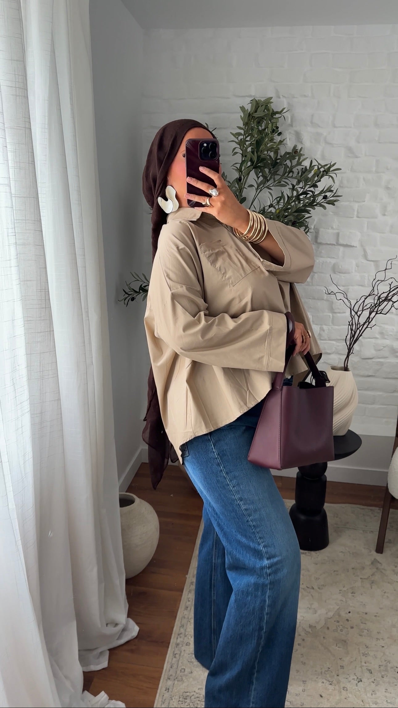 Chemise mi longue en coton | Taupe