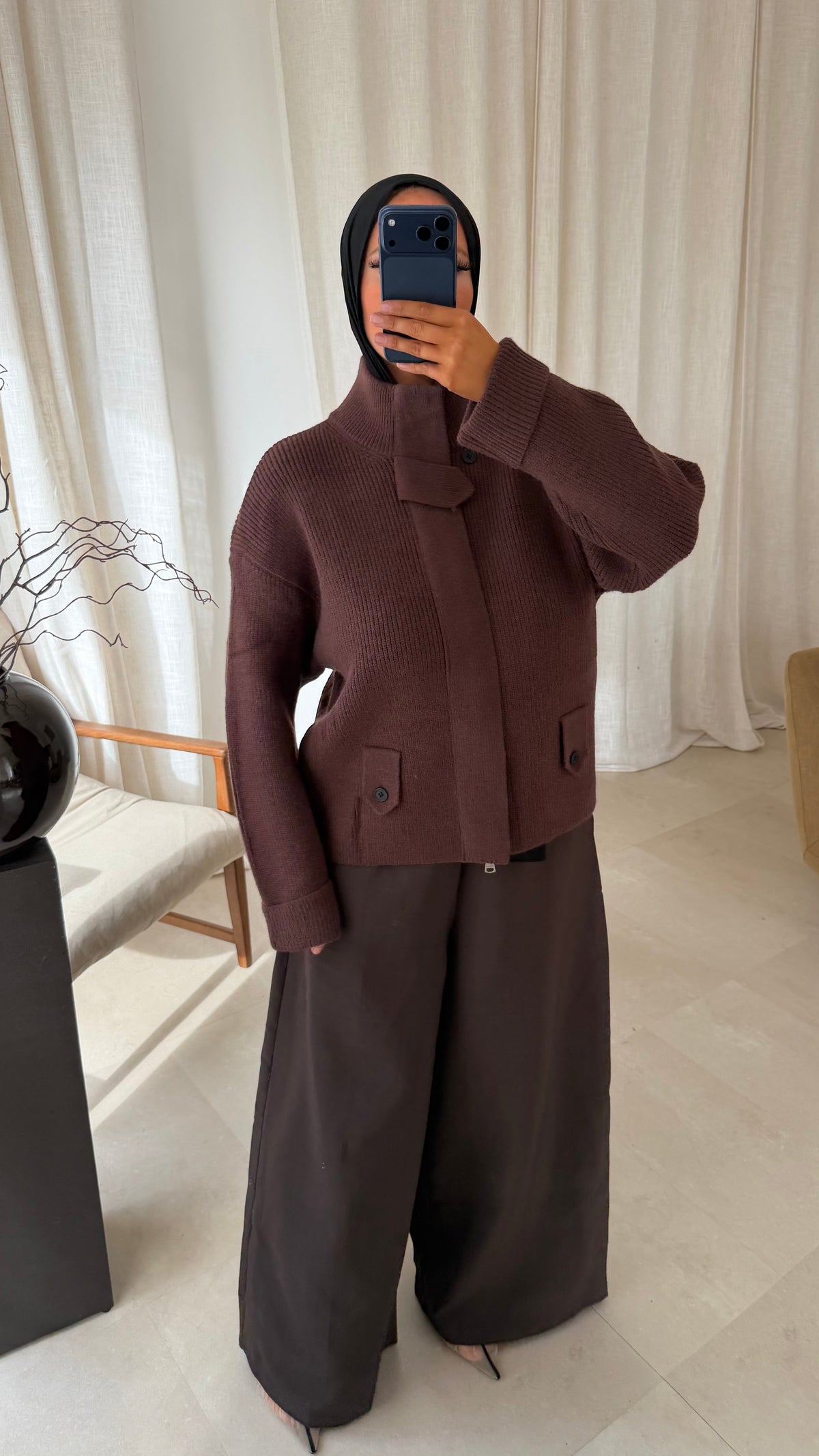 Pull grosse maille à zip à ceinture | Marron