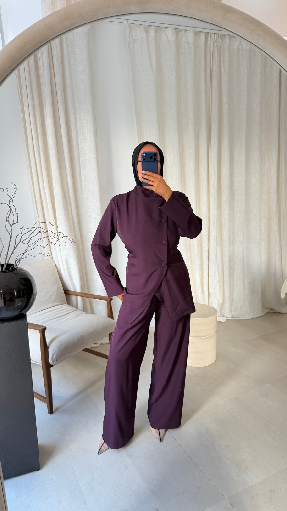 Ensemble avec haut à boutons et pantalon ultra long GABRIELA | Prune