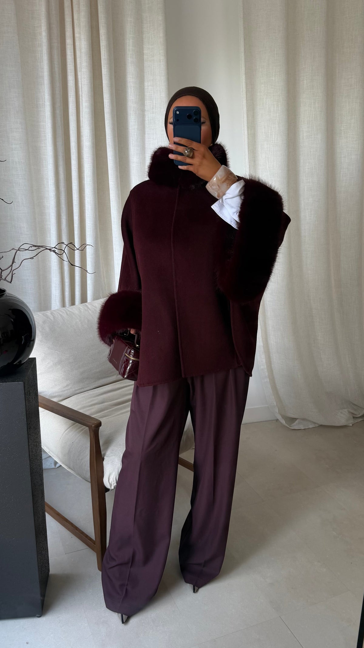 [GAMME LUXE] Manteau en laine à fourrure amovible cousu main | Bordeaux