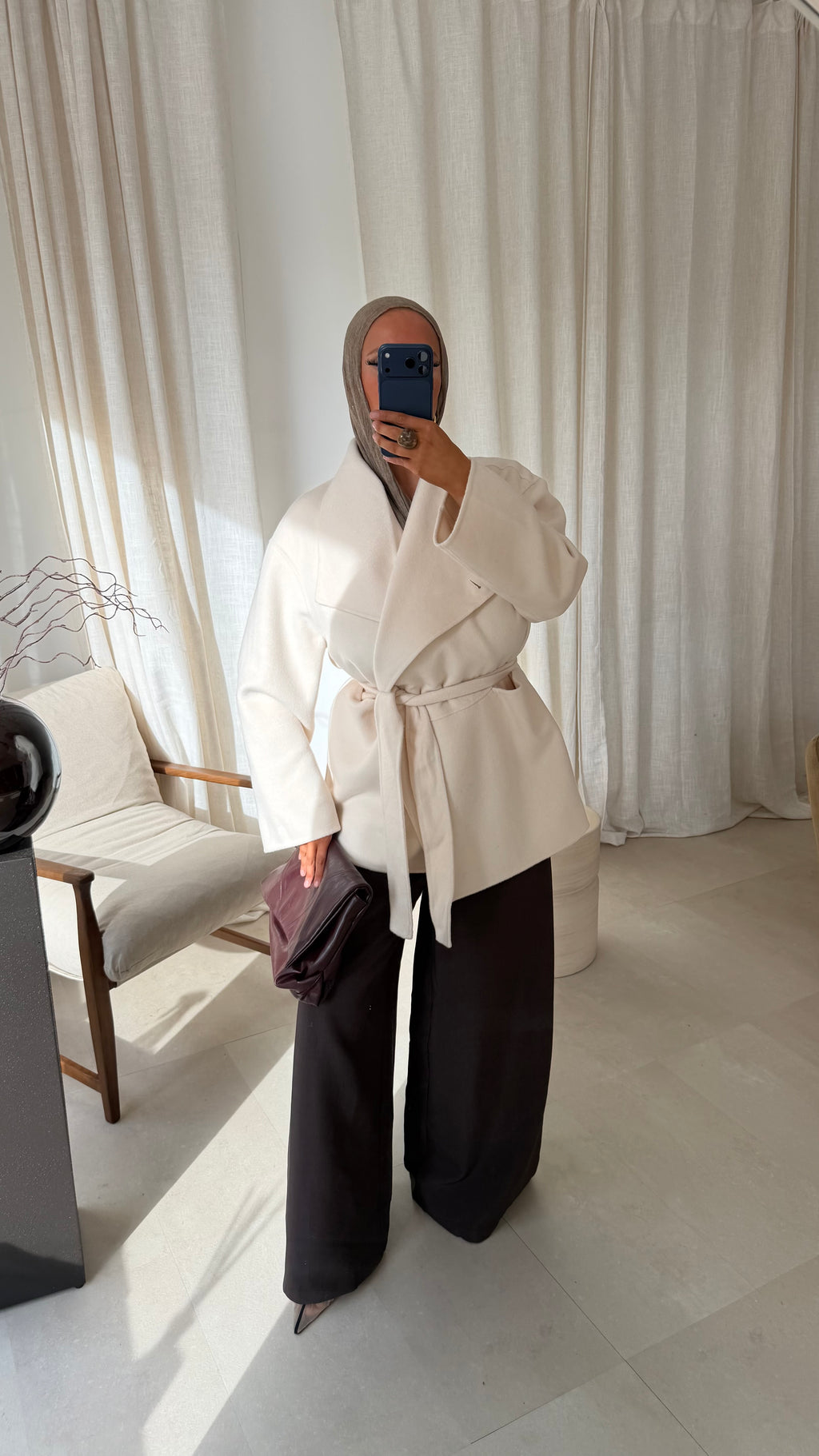[GAMME LUXE] Manteau mi long en laine véritable à ceinture fait main | Écru