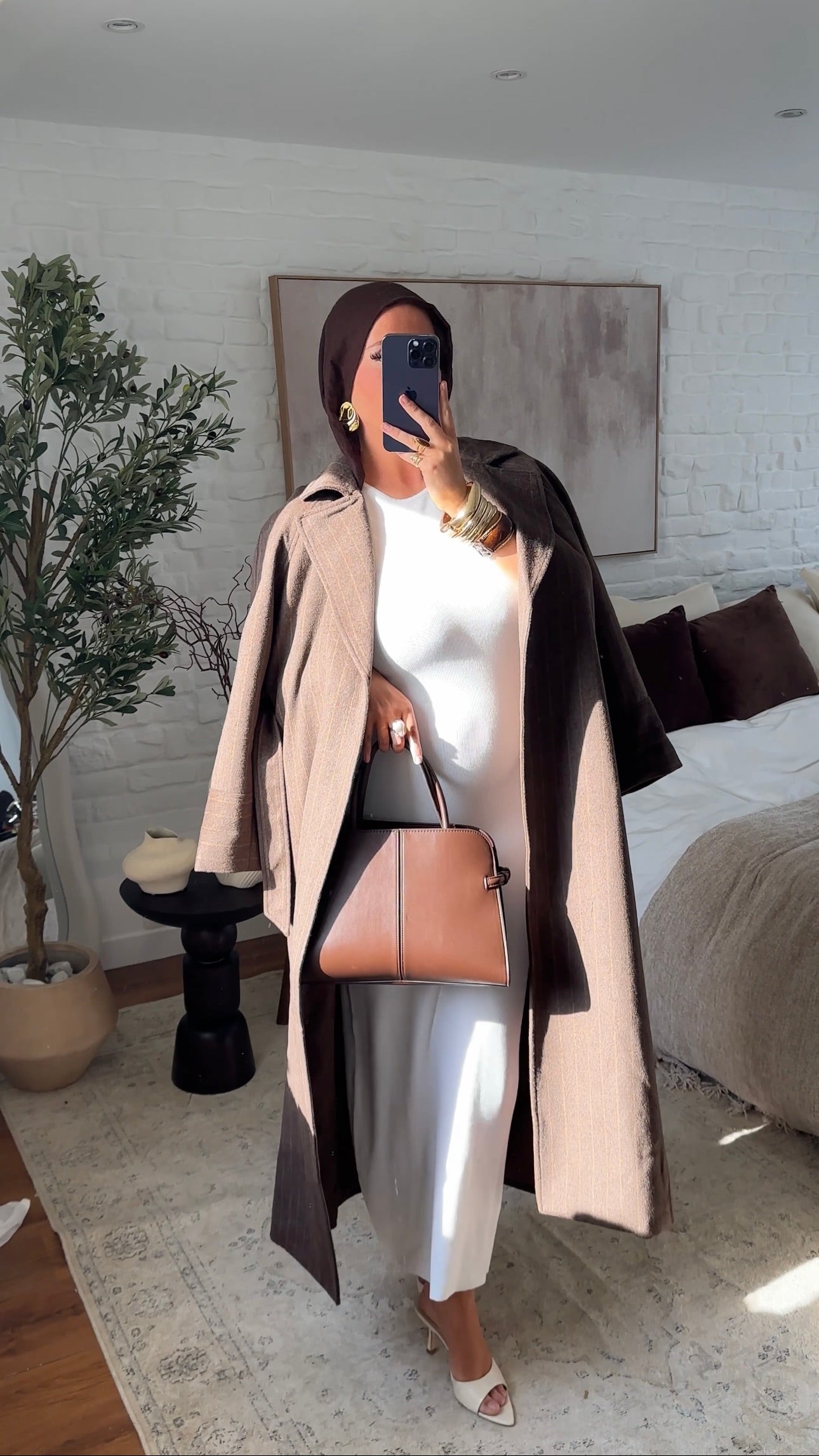 [GAMME PREMIUM] Manteau long en laine véritable fait main à ceinture avec rayures | Marron