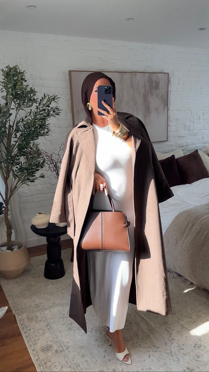 [GAMME PREMIUM] Manteau long en laine véritable fait main à ceinture avec rayures | Marron