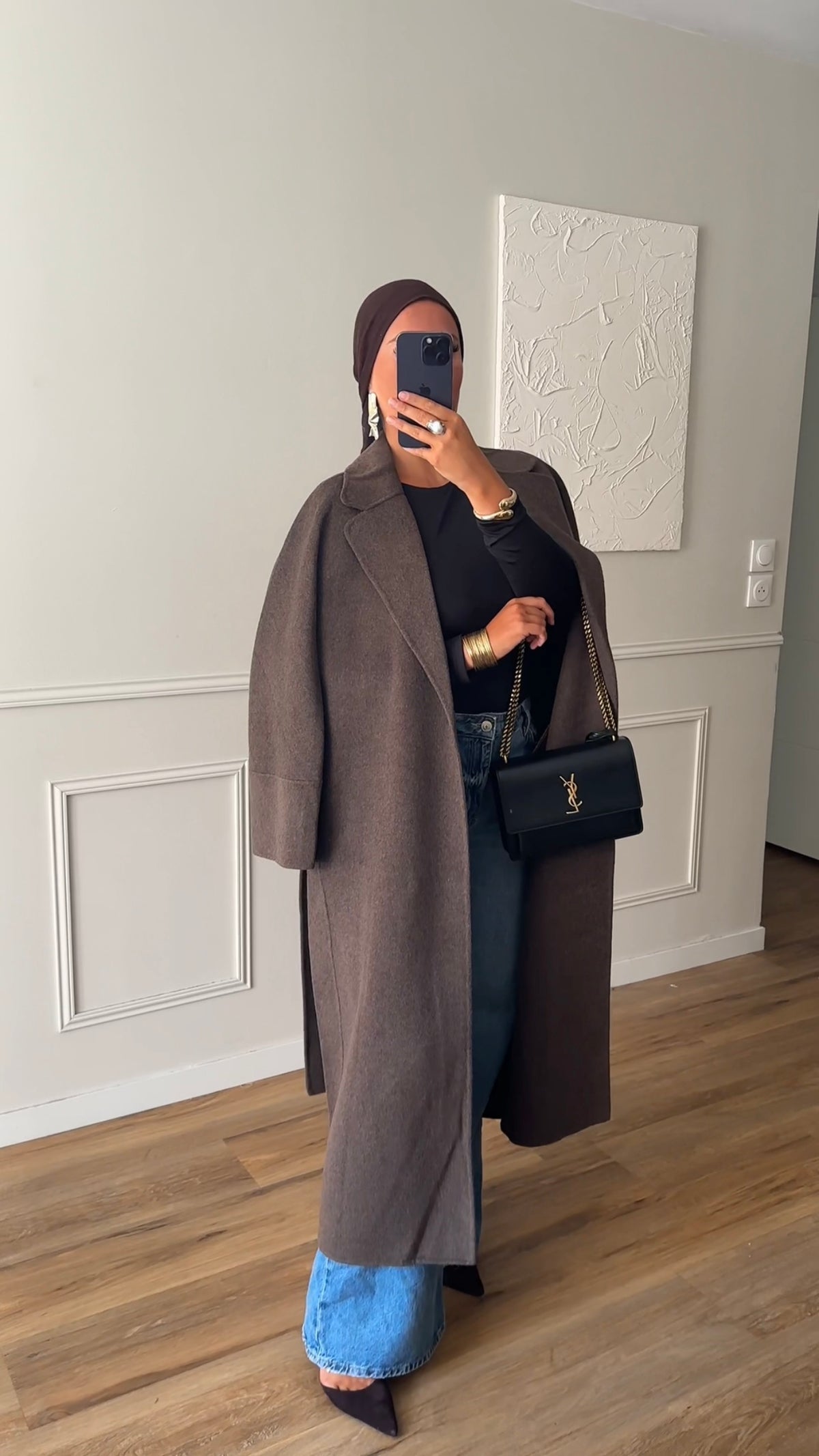 [GAMME LUXE] Manteau long en laine véritable fait main à ceinture | Marron