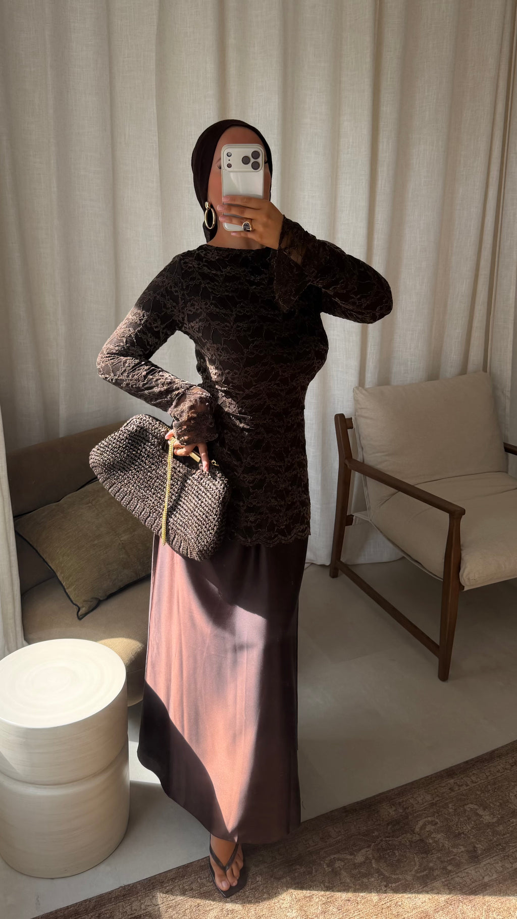 Robe bi matière en dentelle | Marron