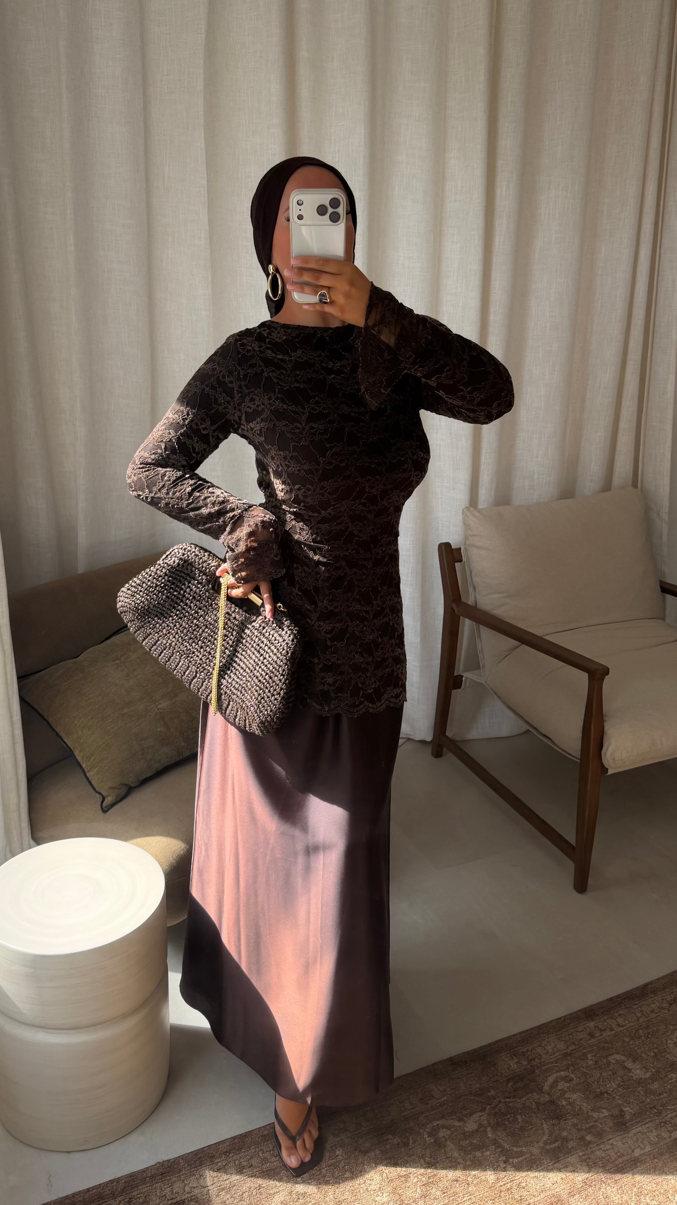 Robe bi matière en dentelle | Marron