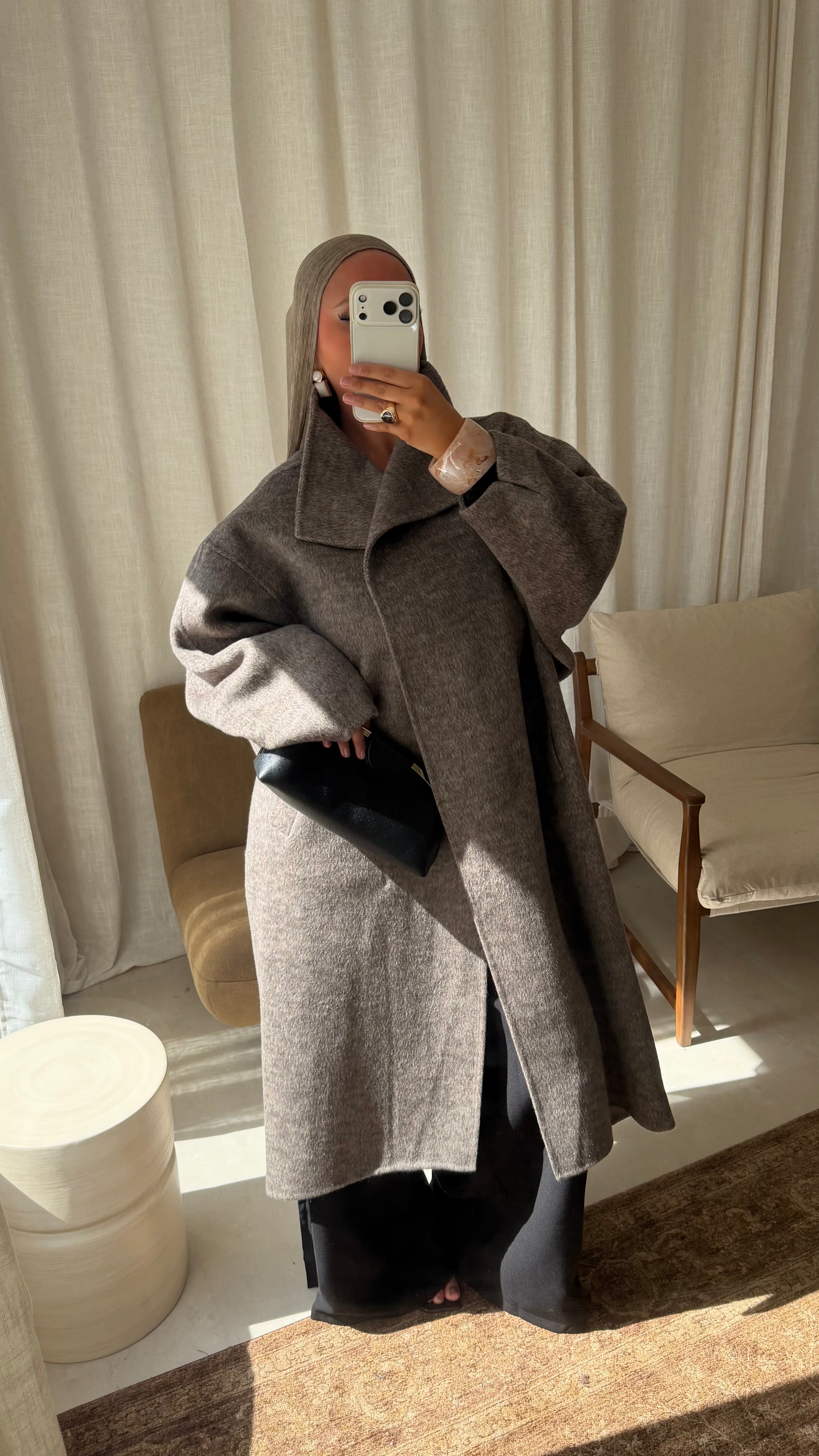 [GAMME LUXE] Manteau long cousu main en laine véritable | Taupe