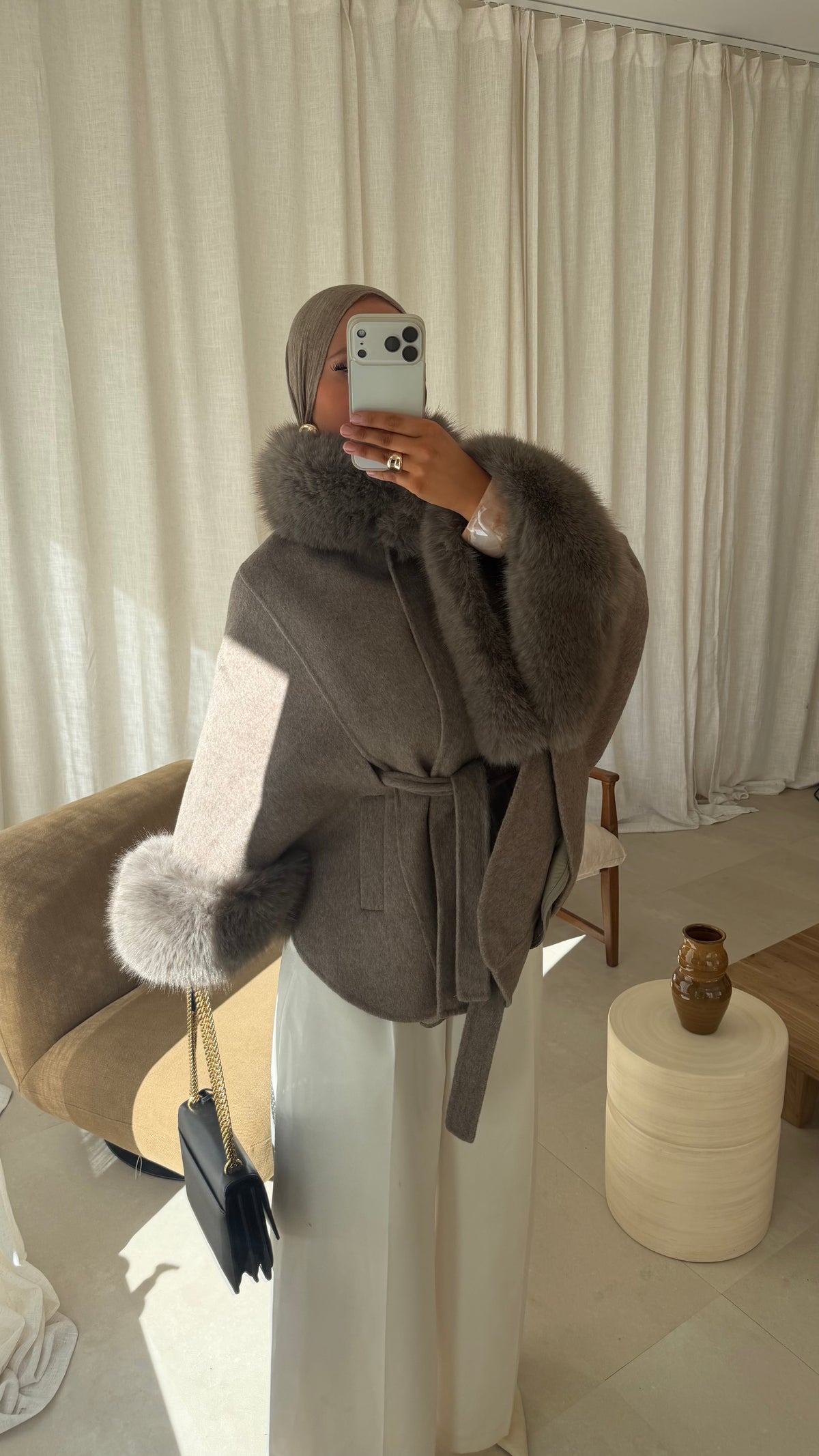 [GAMME LUXE] Manteau en laine à fourrure amovible cousu main | Taupe