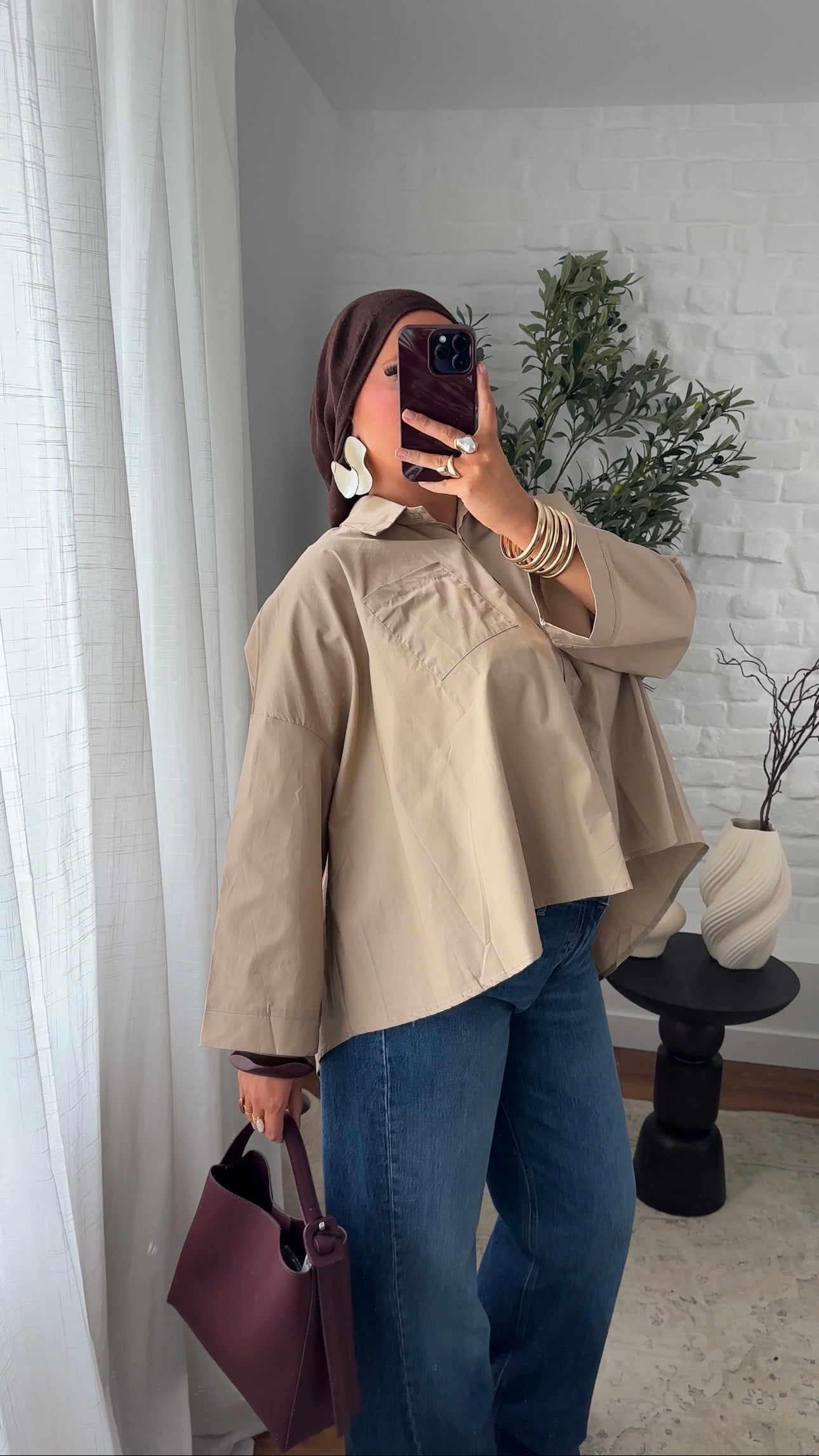 Chemise mi longue en coton | Taupe