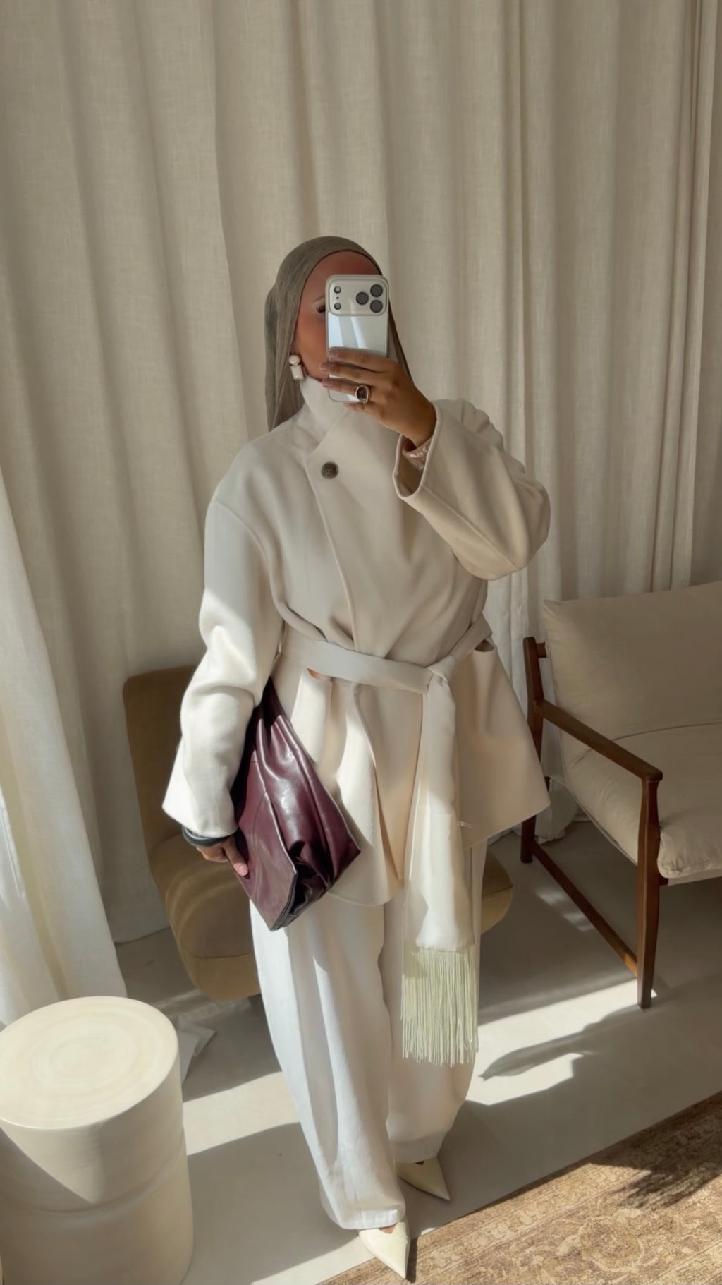 [GAMME LUXE] Manteau mi long en laine véritable à ceinture fait main | Écru