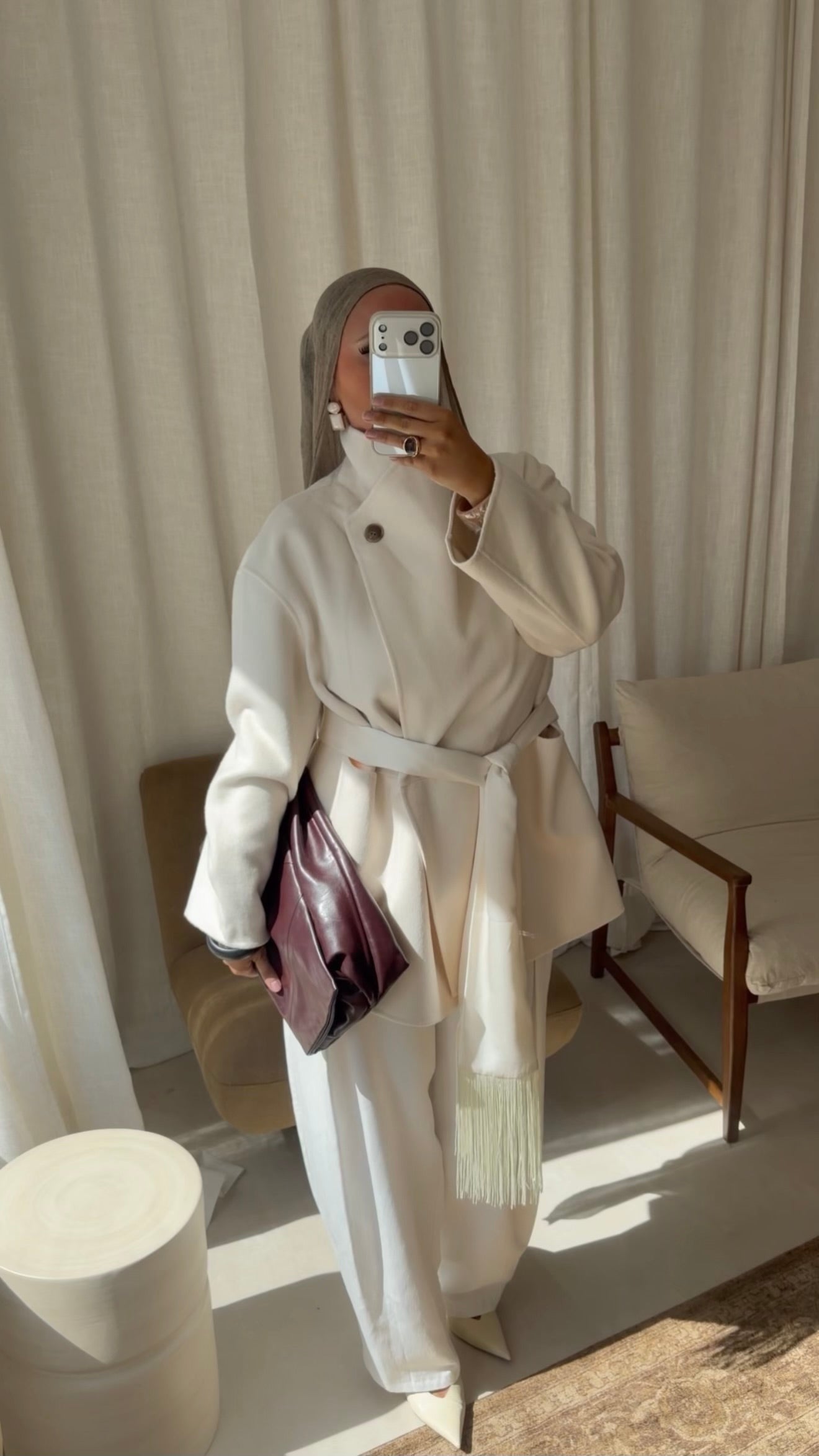 [GAMME LUXE] Manteau mi long en laine véritable à ceinture fait main | Écru