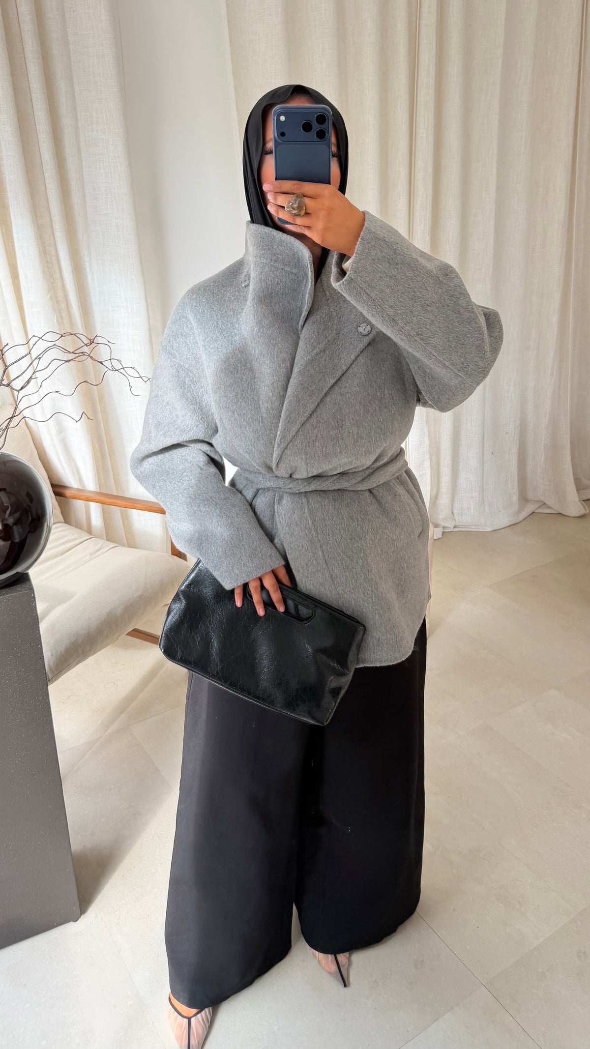 [GAMME LUXE] Manteau mi long cousu main en laine véritable | Gris