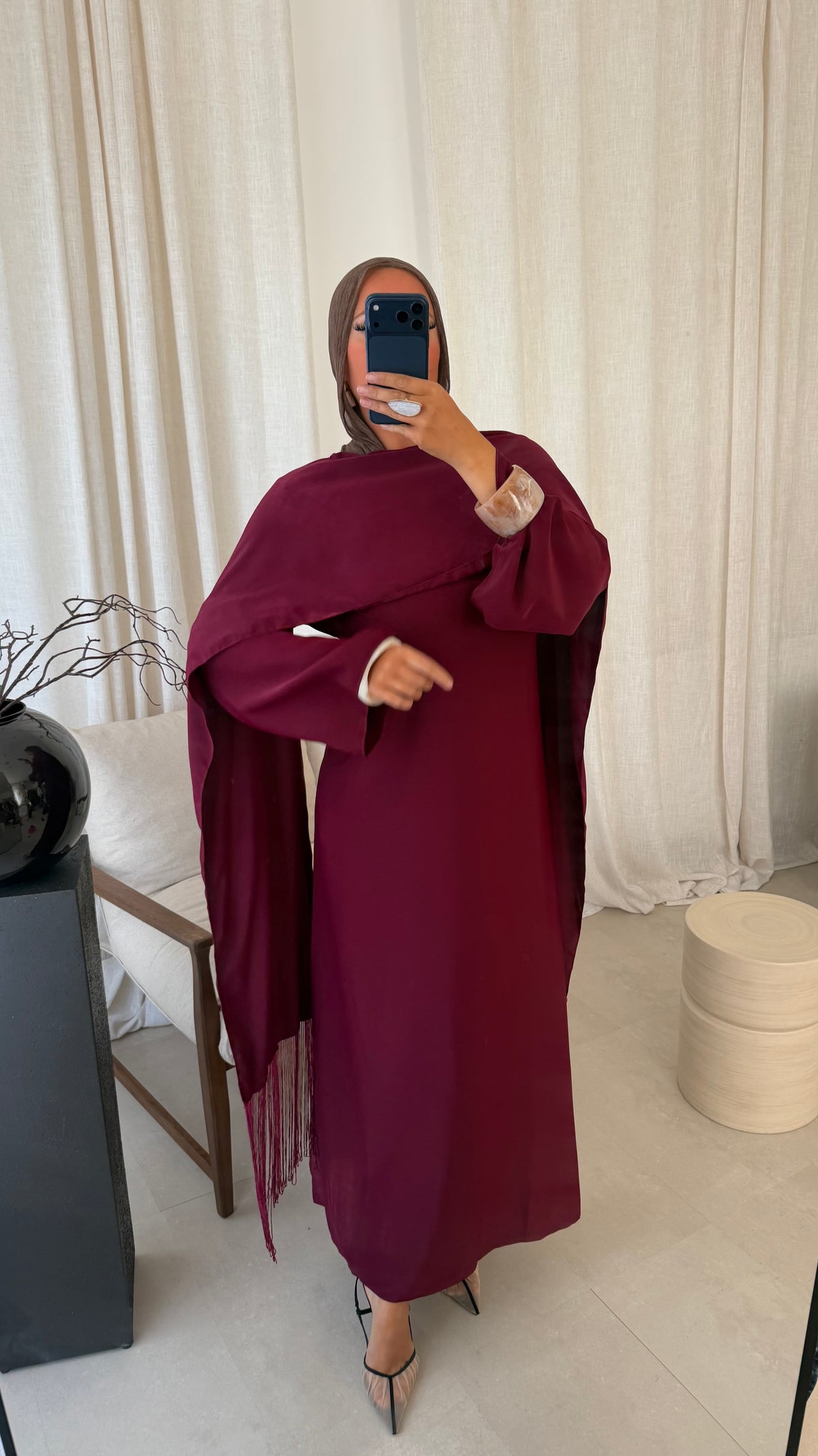 Robe ultra longue avec cape intégrée à franges | Bordeaux