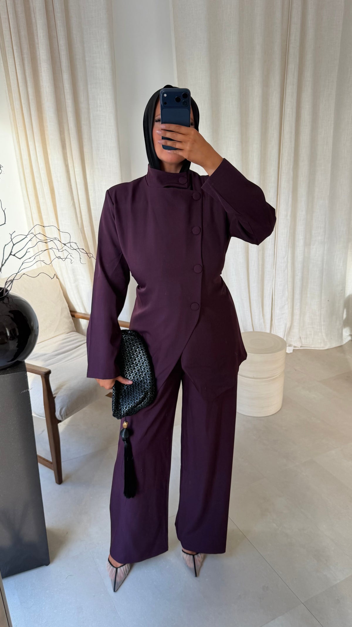Ensemble avec haut à boutons et pantalon ultra long GABRIELA | Prune