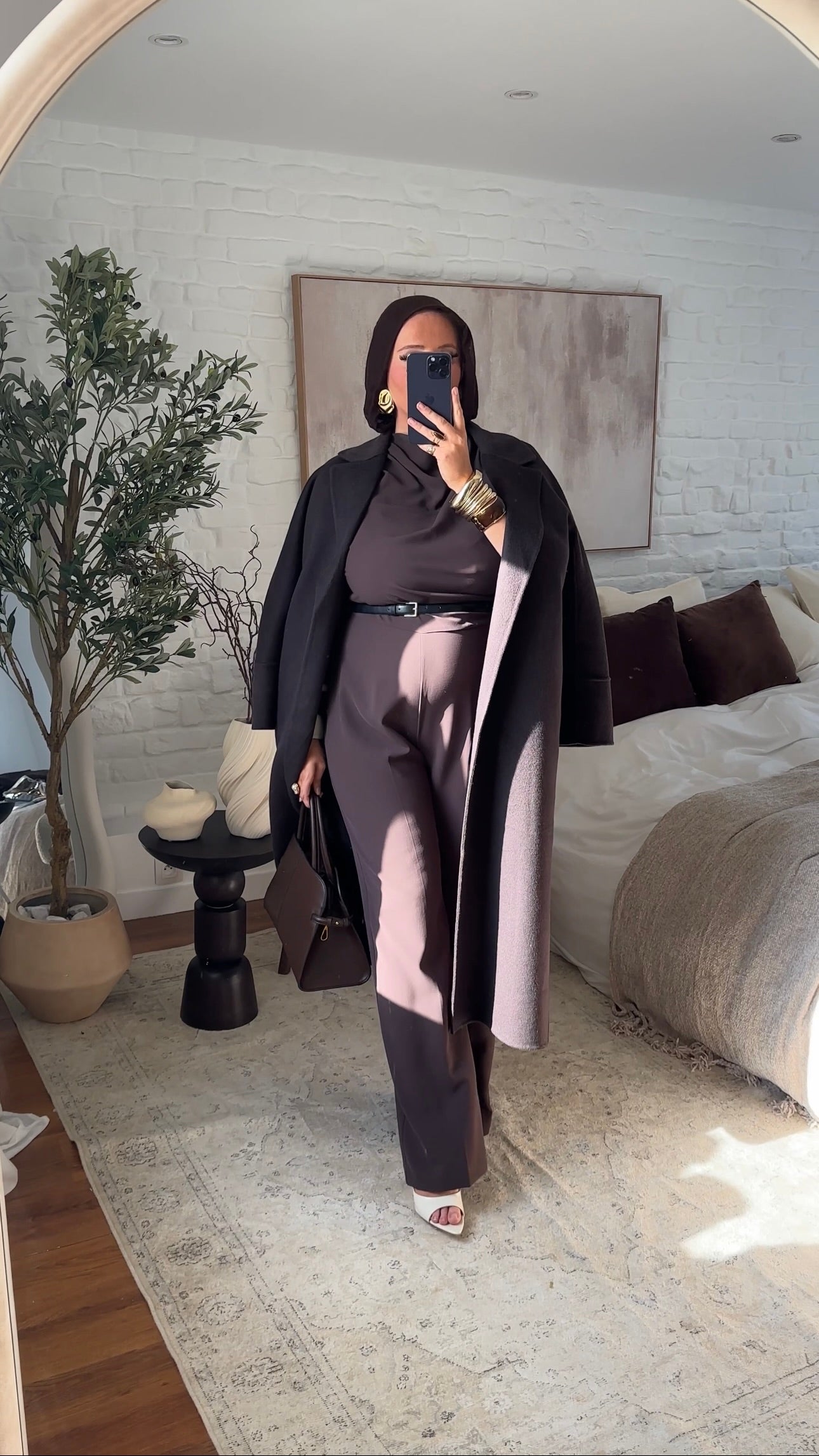[GAMME PREMIUM] Manteau long en laine véritable fait main à ceinture | Marron dark chocolat
