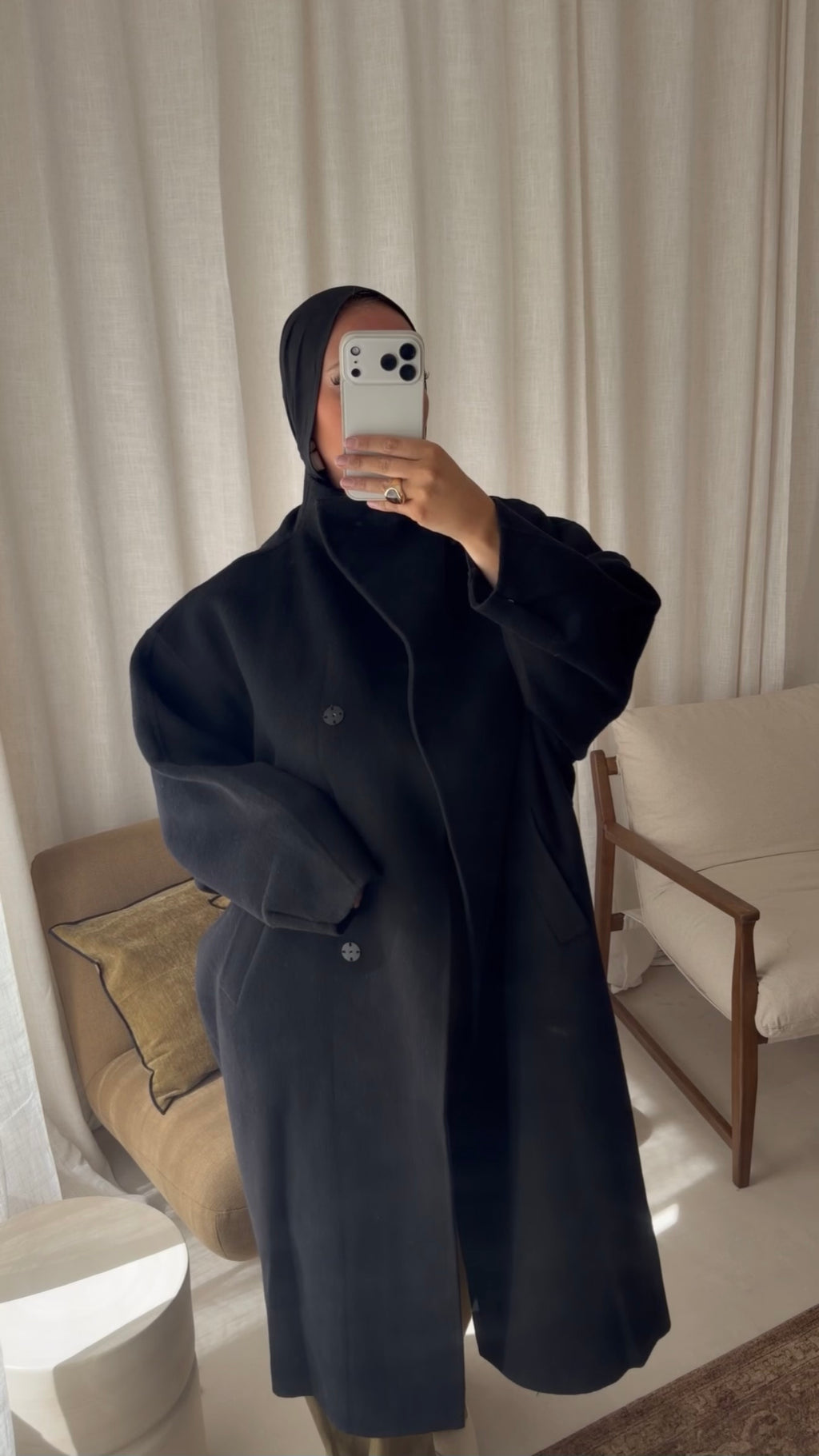 [GAMME LUXE] Manteau long cousu main en laine véritable | Noir