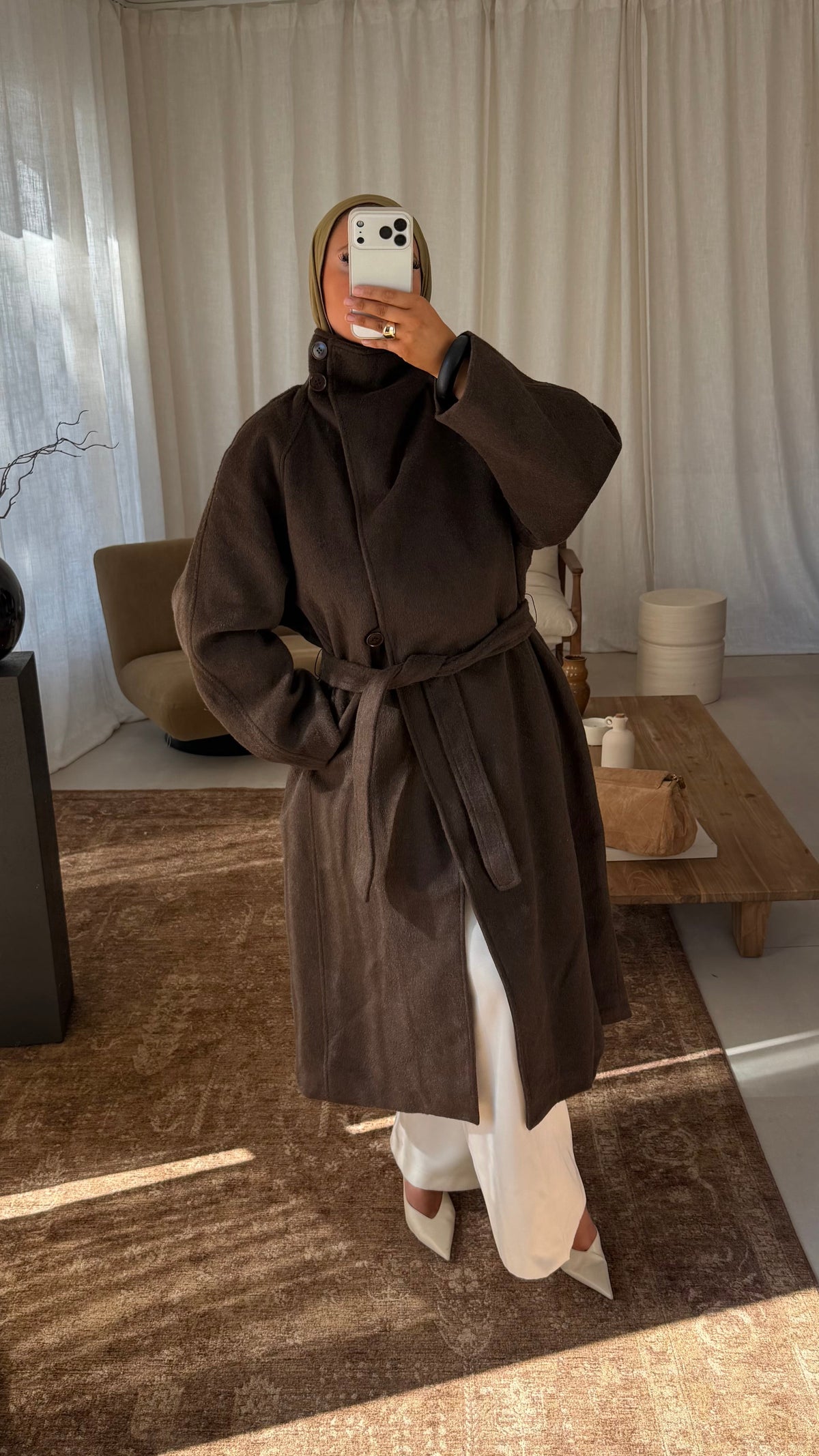 [GAMME LUXE] Manteau long col montant en laine véritable | Marron