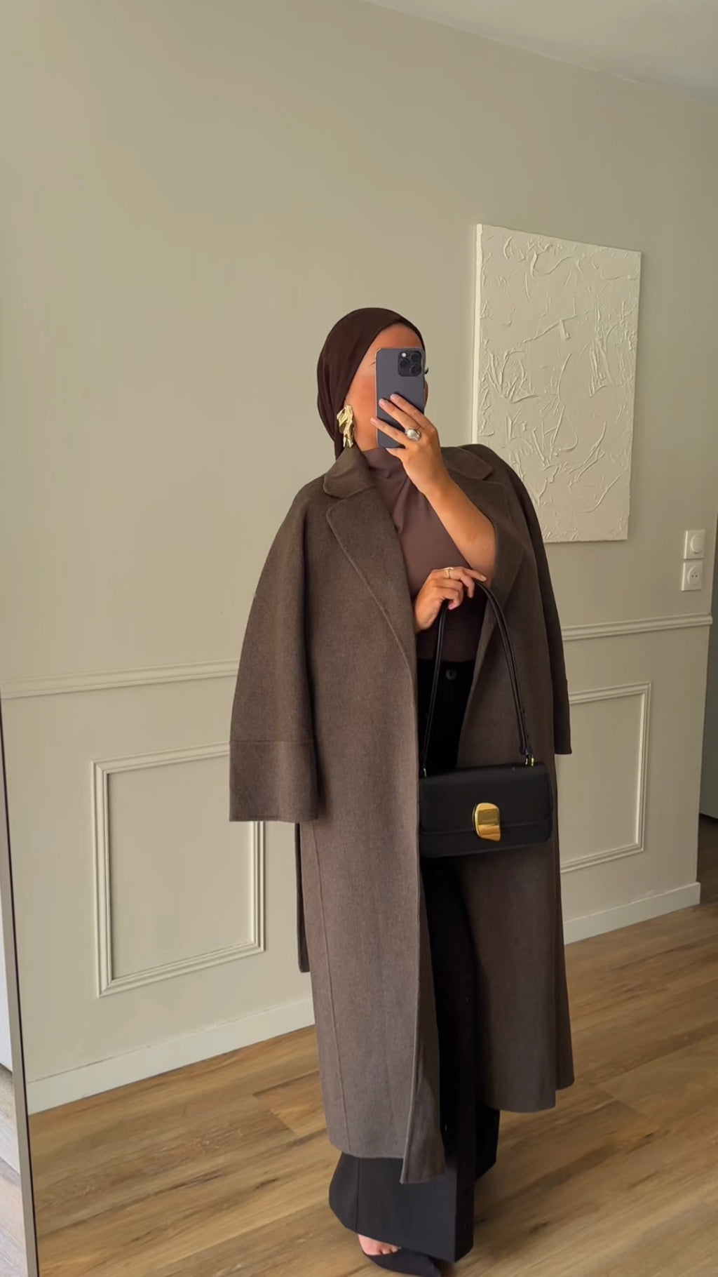 [GAMME LUXE] Manteau long en laine véritable fait main à ceinture | Marron