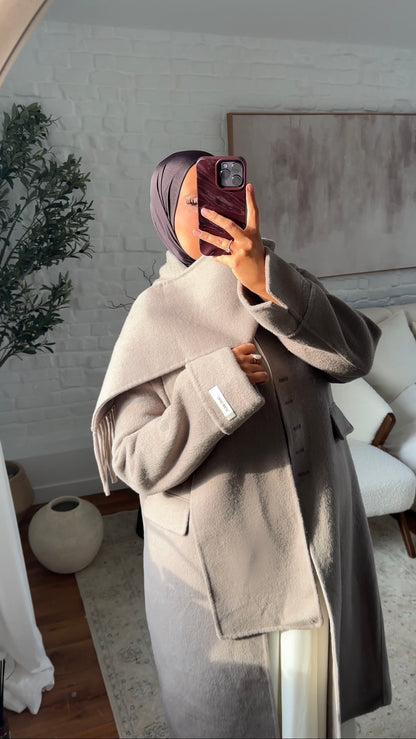 [GAMME LUXE] Manteau long ultra doux en laine véritable ultra chaud à écharpe | Beige