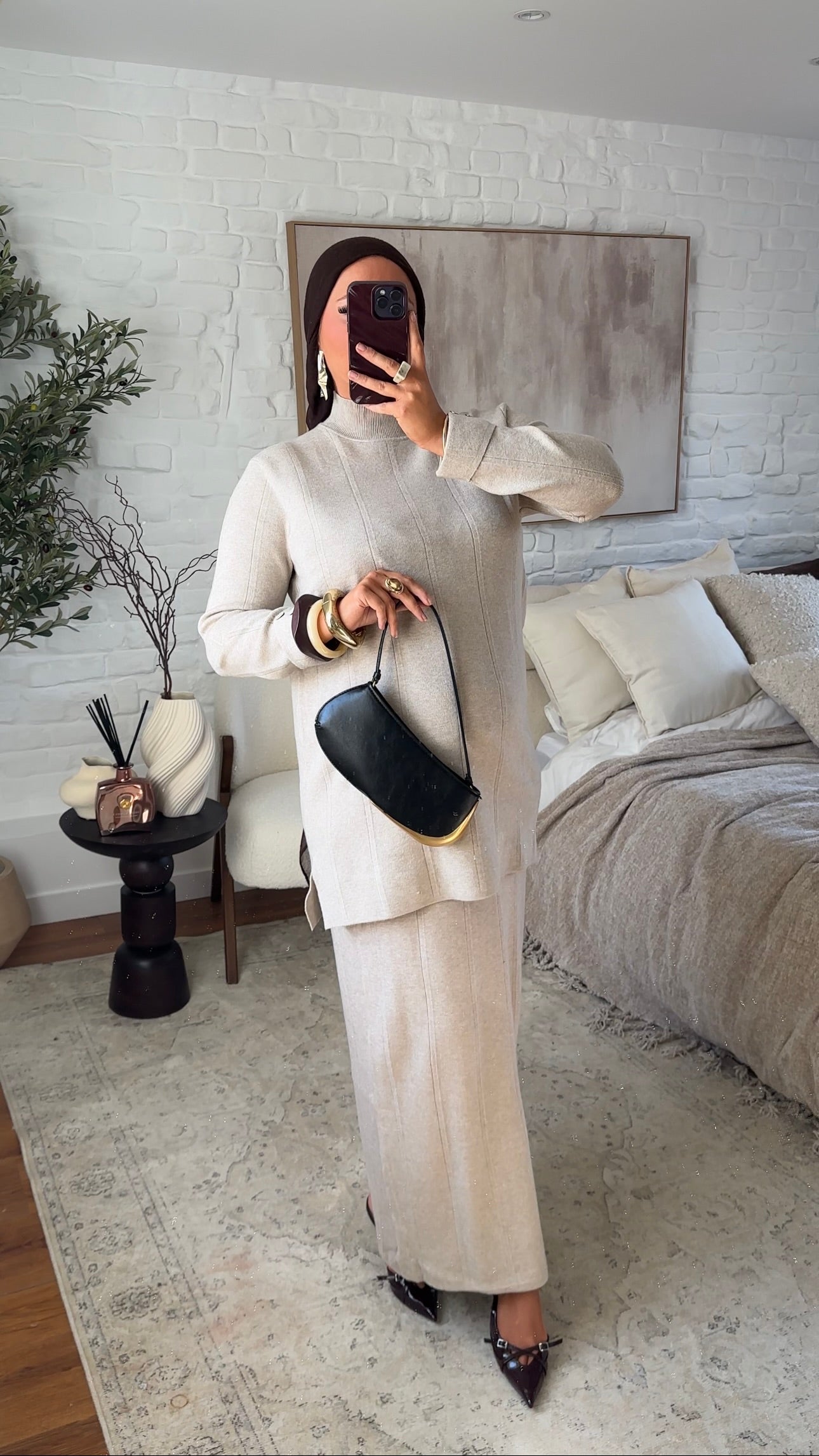 Ensemble comfy en maille à jupe longue et col montant | Beige