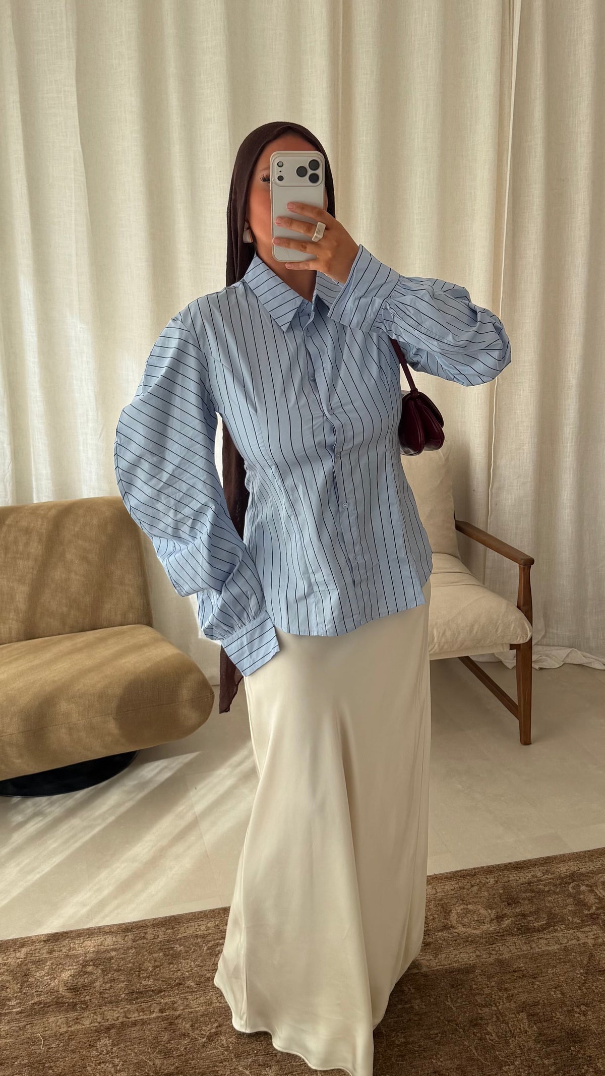 Chemise rayée cintrée avec manches bouffantes | Bleu