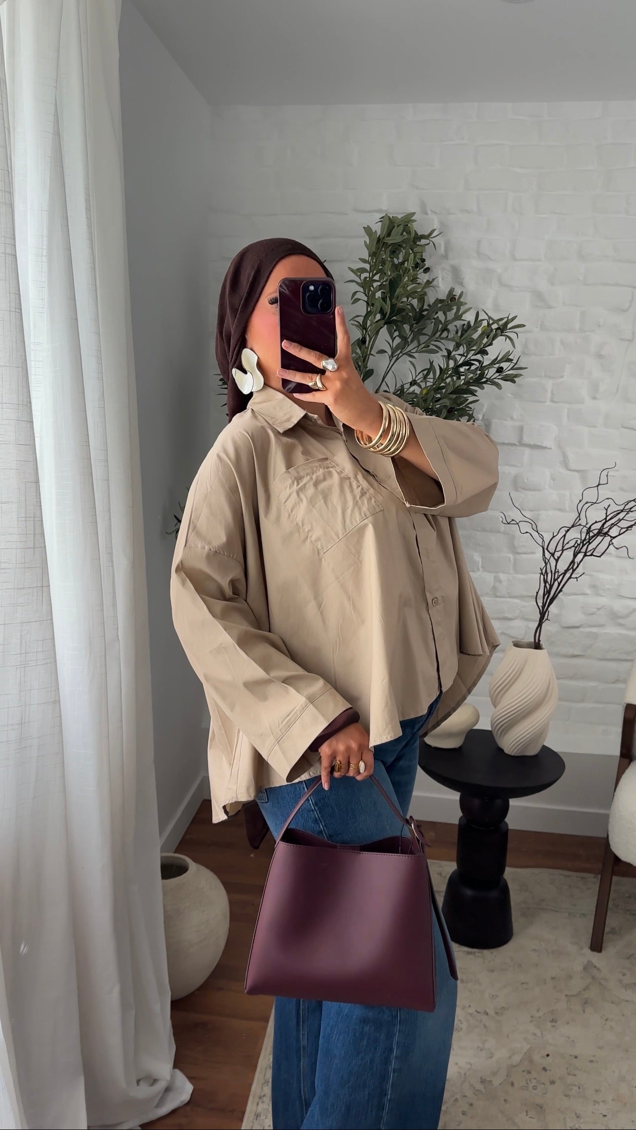 Chemise mi longue en coton | Taupe